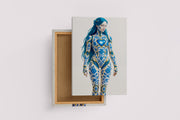 ai creation, an android with blue hair and a body of delftware porcelain and gold, ai art, art, kanvas tablo