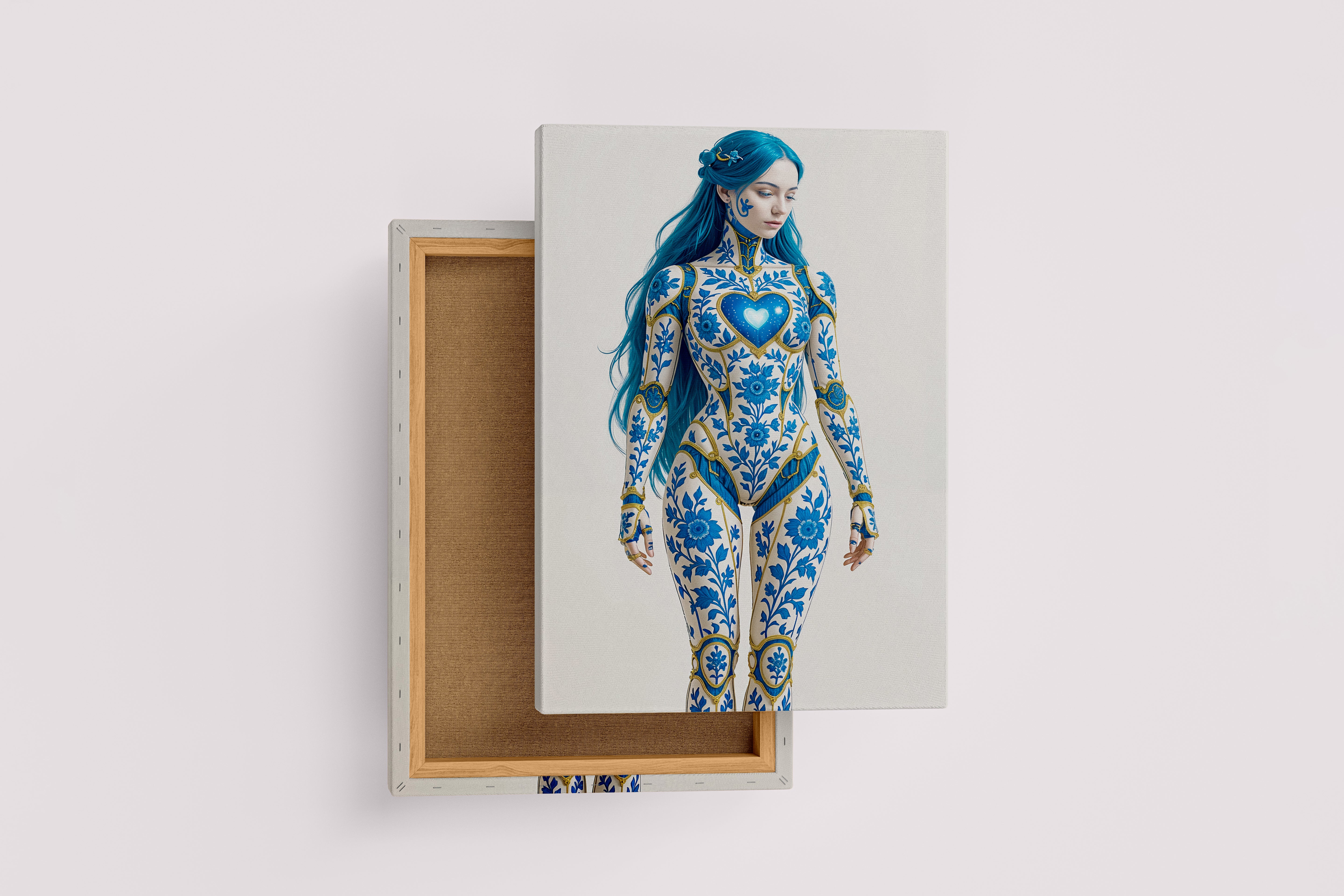 ai creation, an android with blue hair and a body of delftware porcelain and gold, ai art, art, kanvas tablo