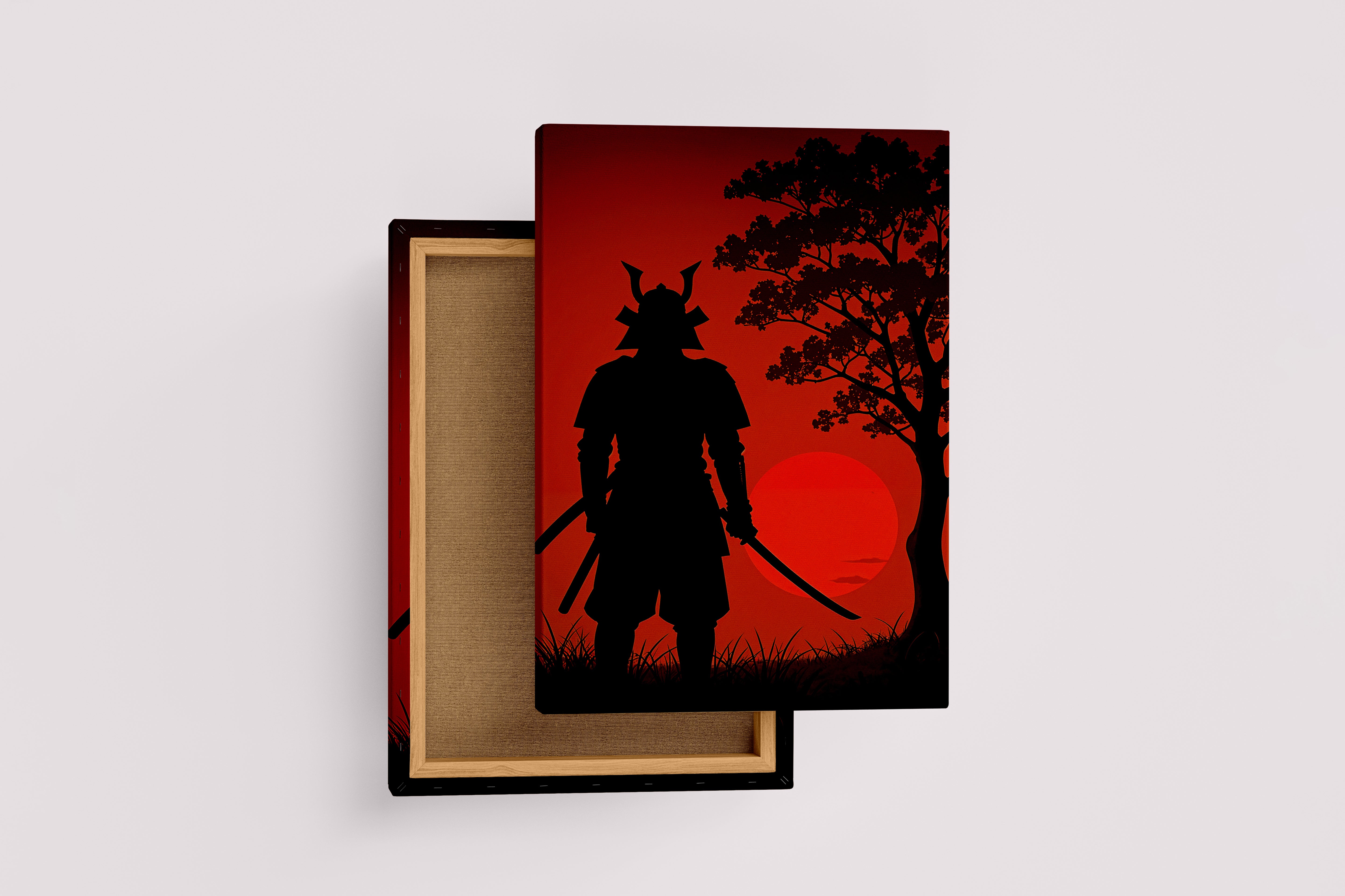 ai creation, samurai watching the sunset, sunset in red tones, ai art, art, kanvas tablo