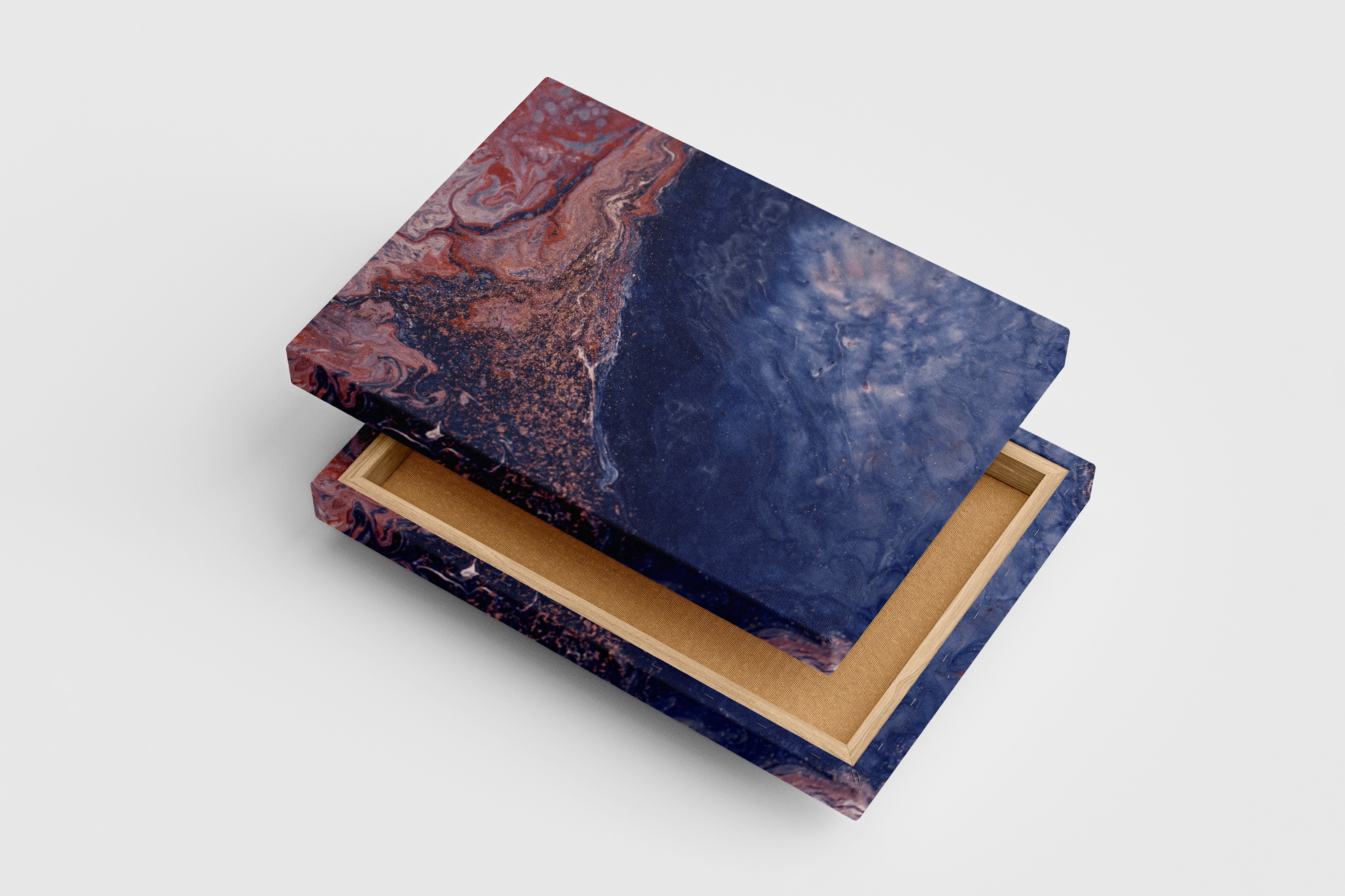 a macro view of fluid art with deep blue and sparkling terracotta red swirls, abstract, art, kanvas tablo