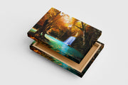 a magical waterfall in a golden autumn forest with fish in turquoise water, view, art, kanvas tablo