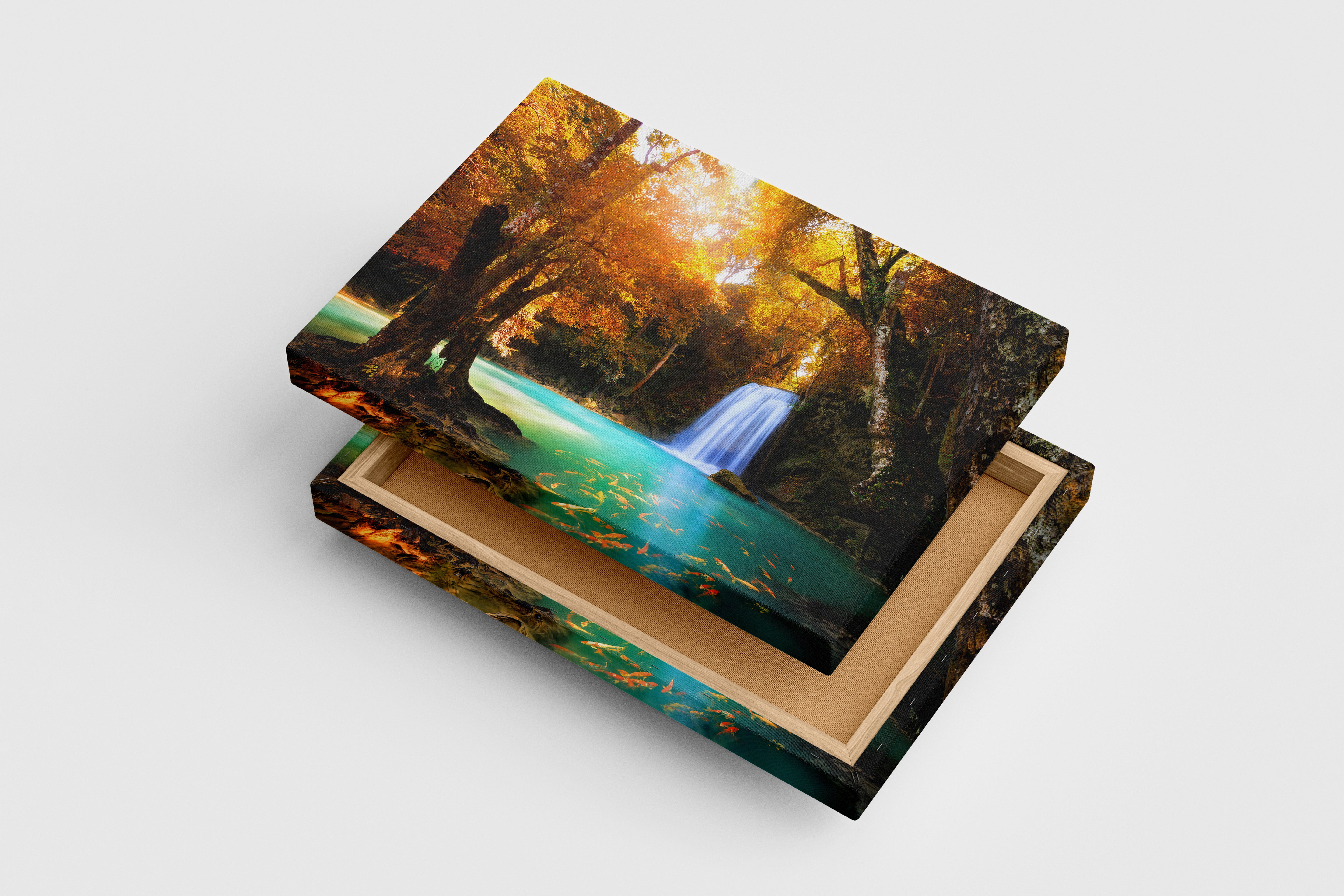 a magical waterfall in a golden autumn forest with fish in turquoise water, view, art, kanvas tablo