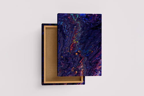 a dark, glittering abstract piece resembling a psychedelic journey through a colorful deep nebula, abstract, art, kanvas tablo