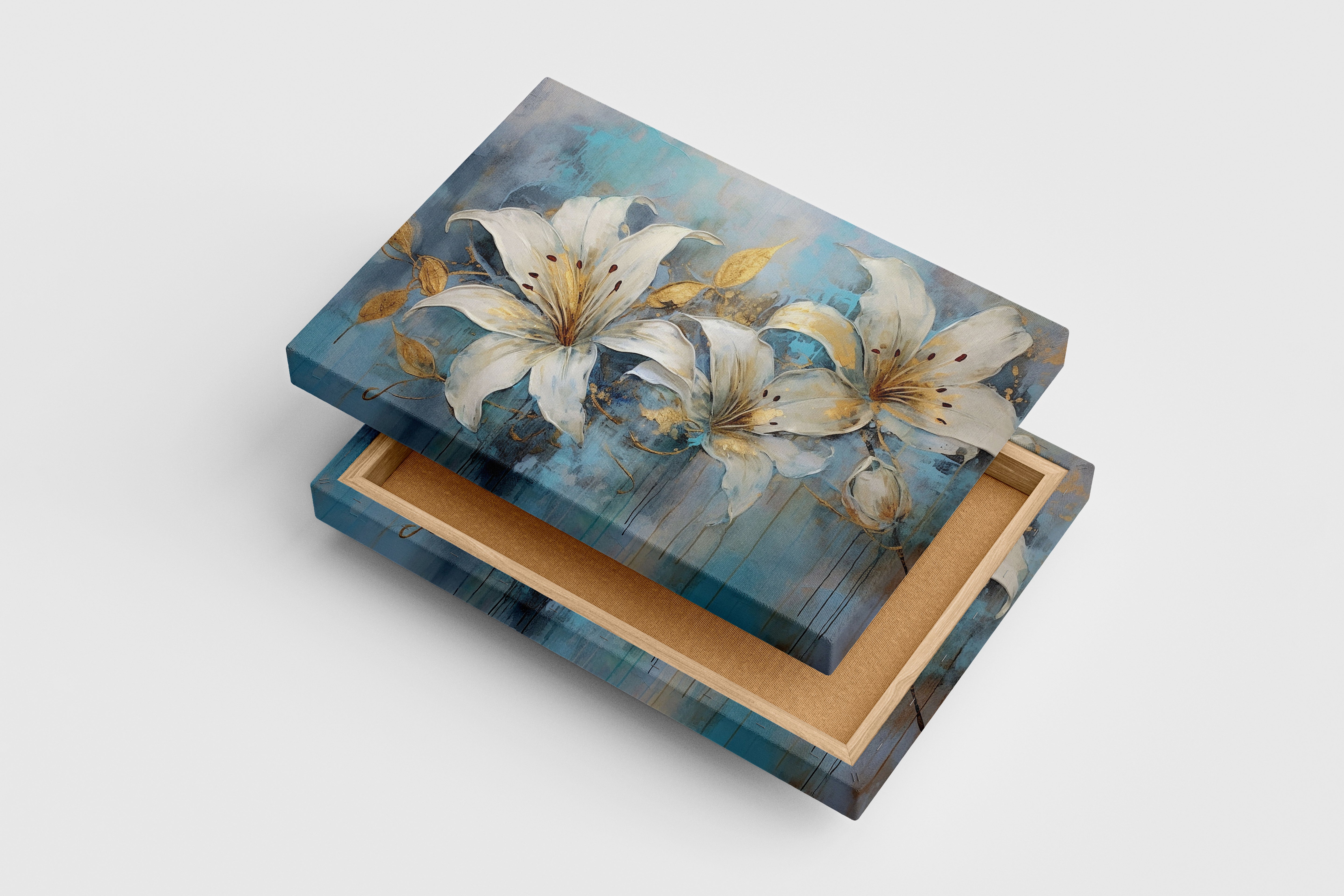 white lilies with gold leaf accents against a textured, dripping blue background, flower motif, art, kanvas tablo