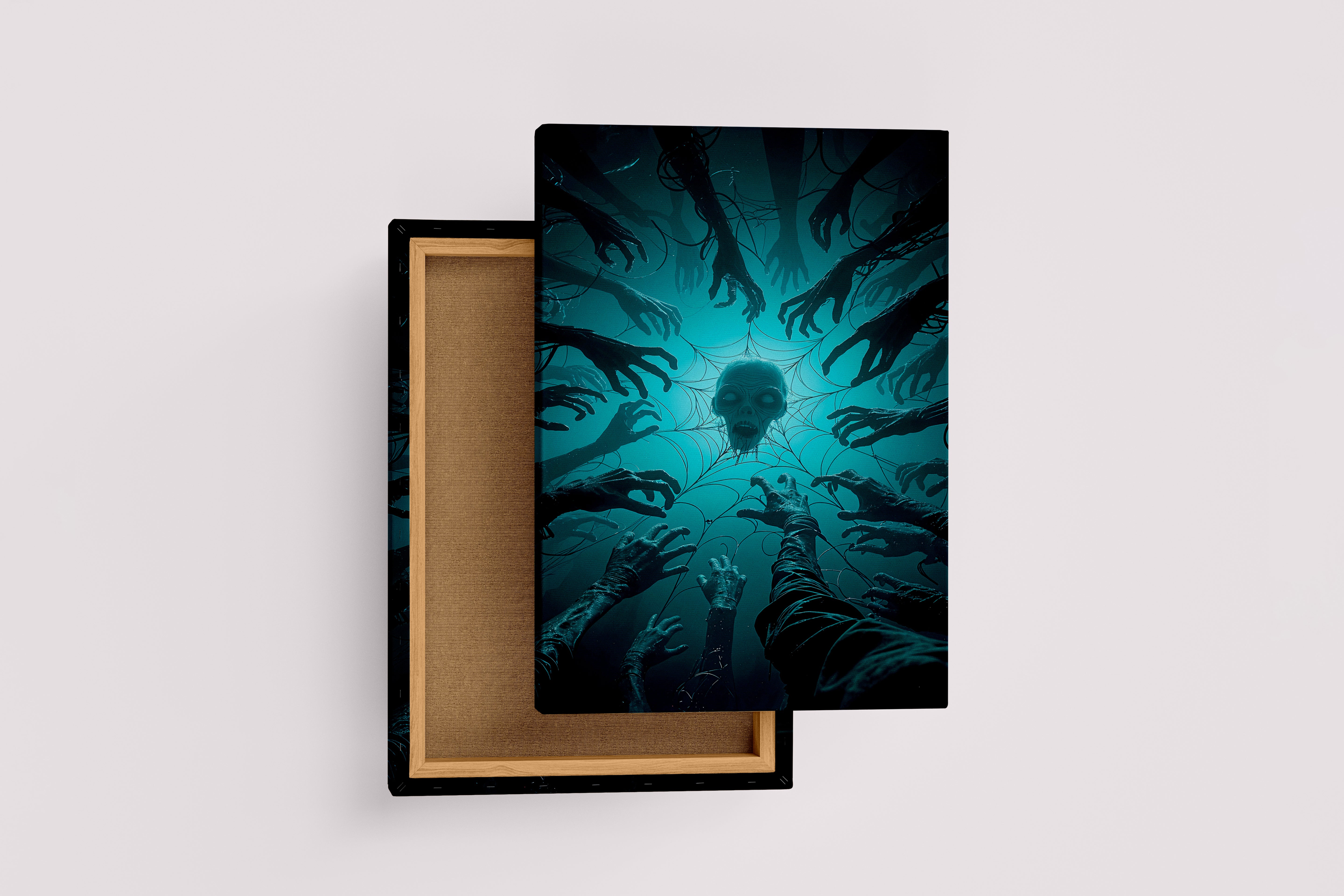 ai creation, hands wanting to pick up a skull caught in a spider web, ai art, art, kanvas tablo