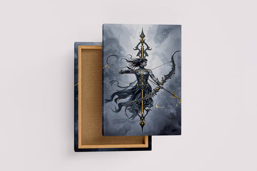 ai creation, a dark fantasy archer in ornate black and gold armor drawing a bow, ai art, art, kanvas tablo