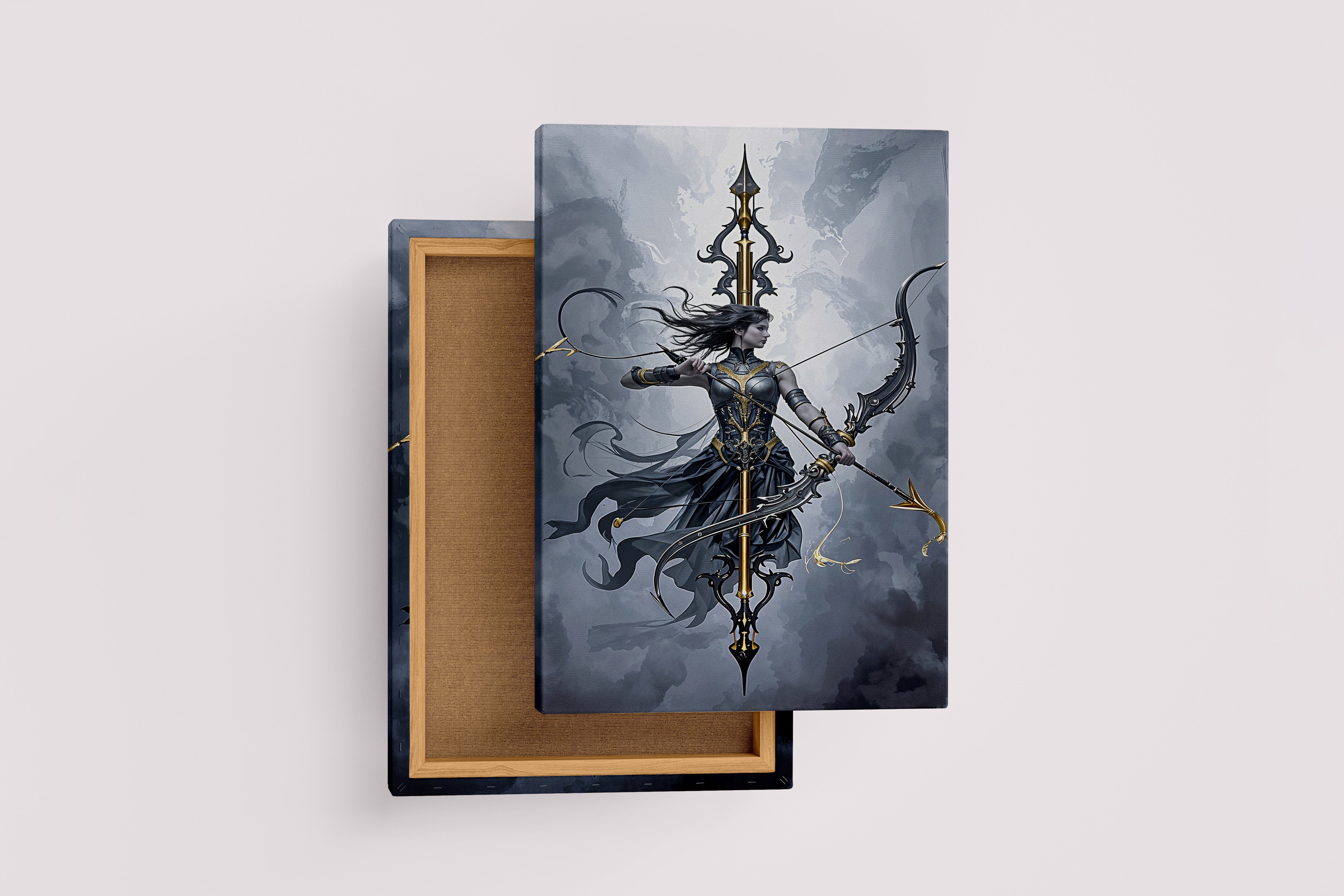 ai creation, a dark fantasy archer in ornate black and gold armor drawing a bow, ai art, art, kanvas tablo
