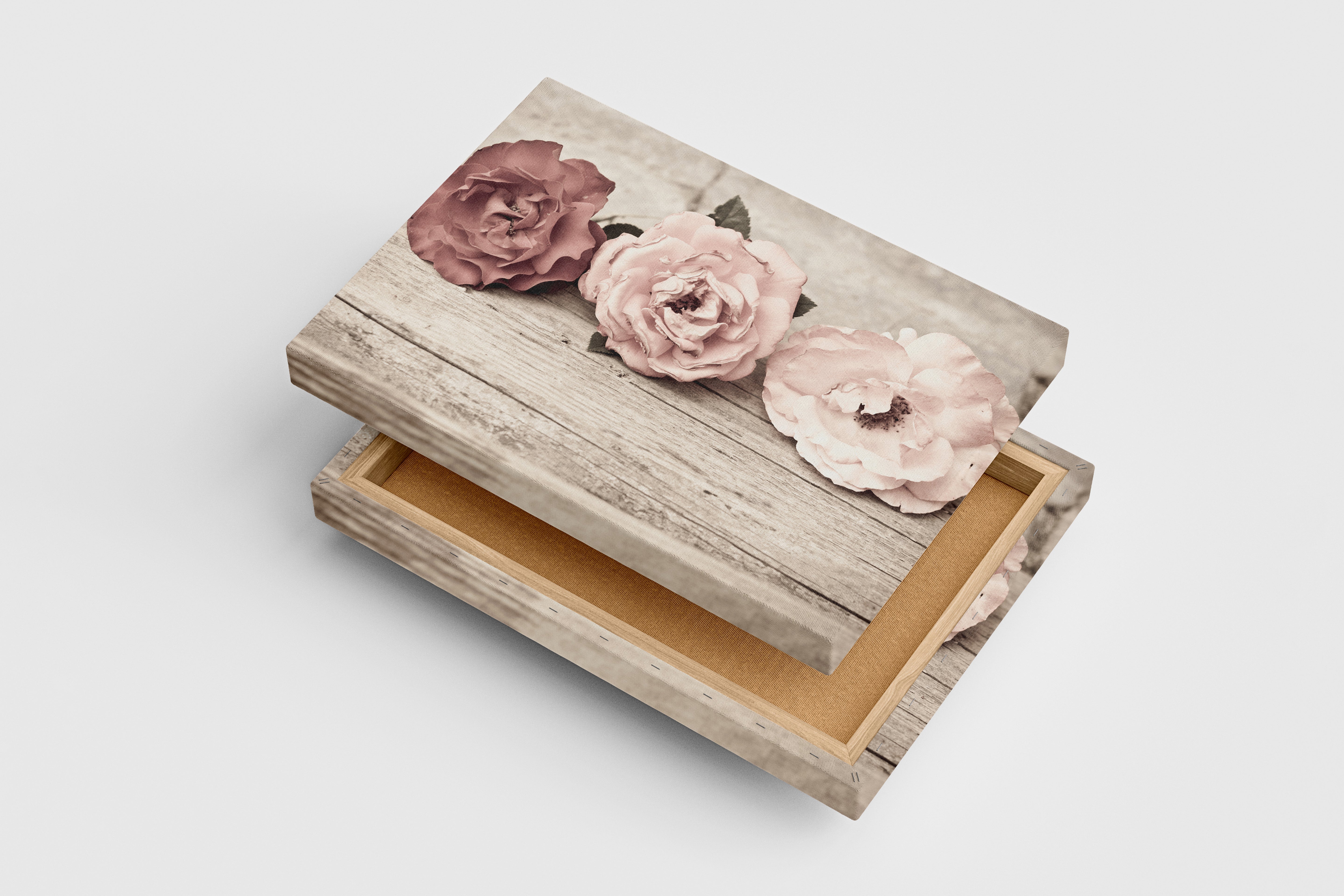 a vintage sepia photo of three roses lying on rustic weathered wood, flower motif, art, kanvas tablo