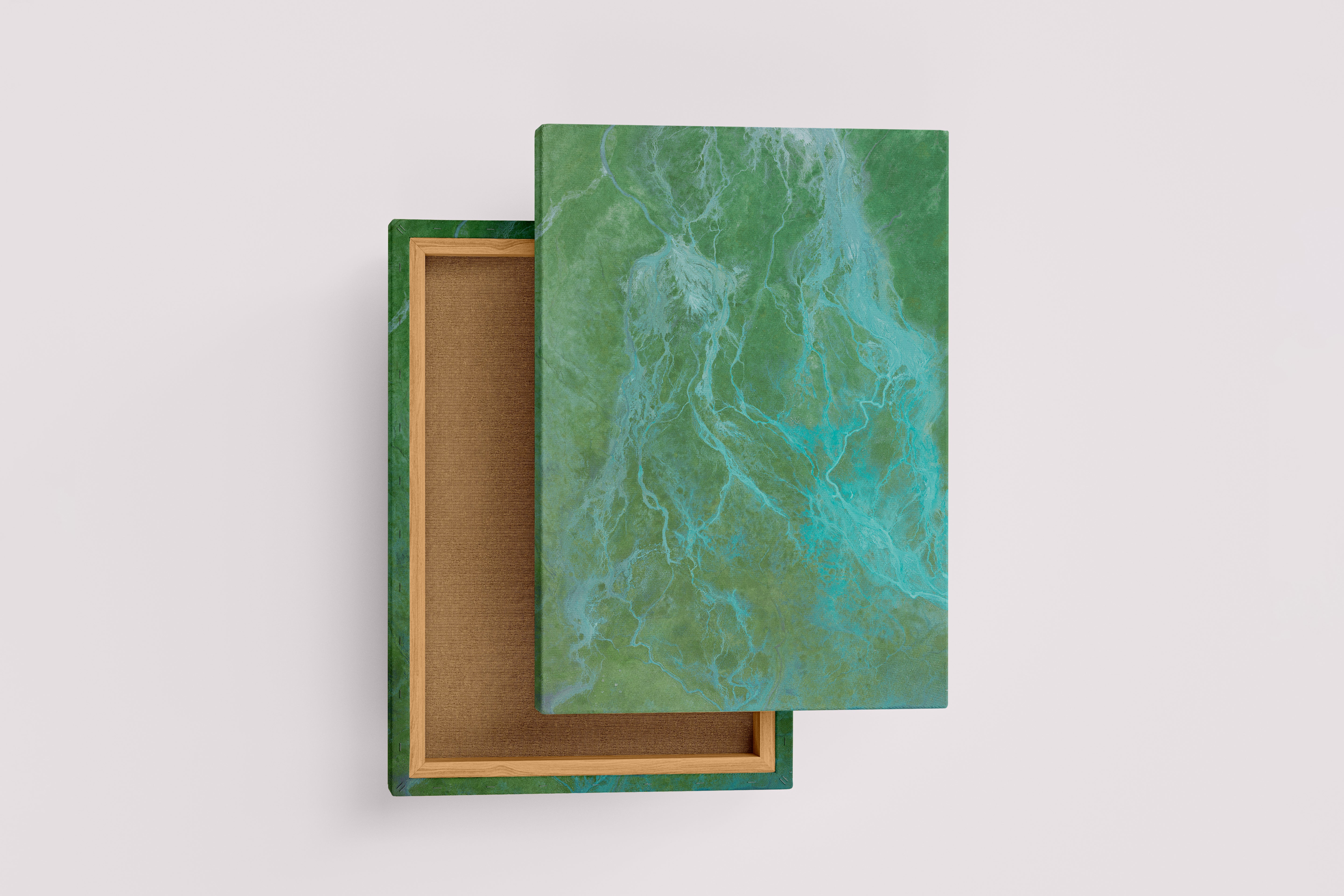 an aerial top-down view of a turquoise glacial river delta in a green landscape, abstract, art, kanvas tablo