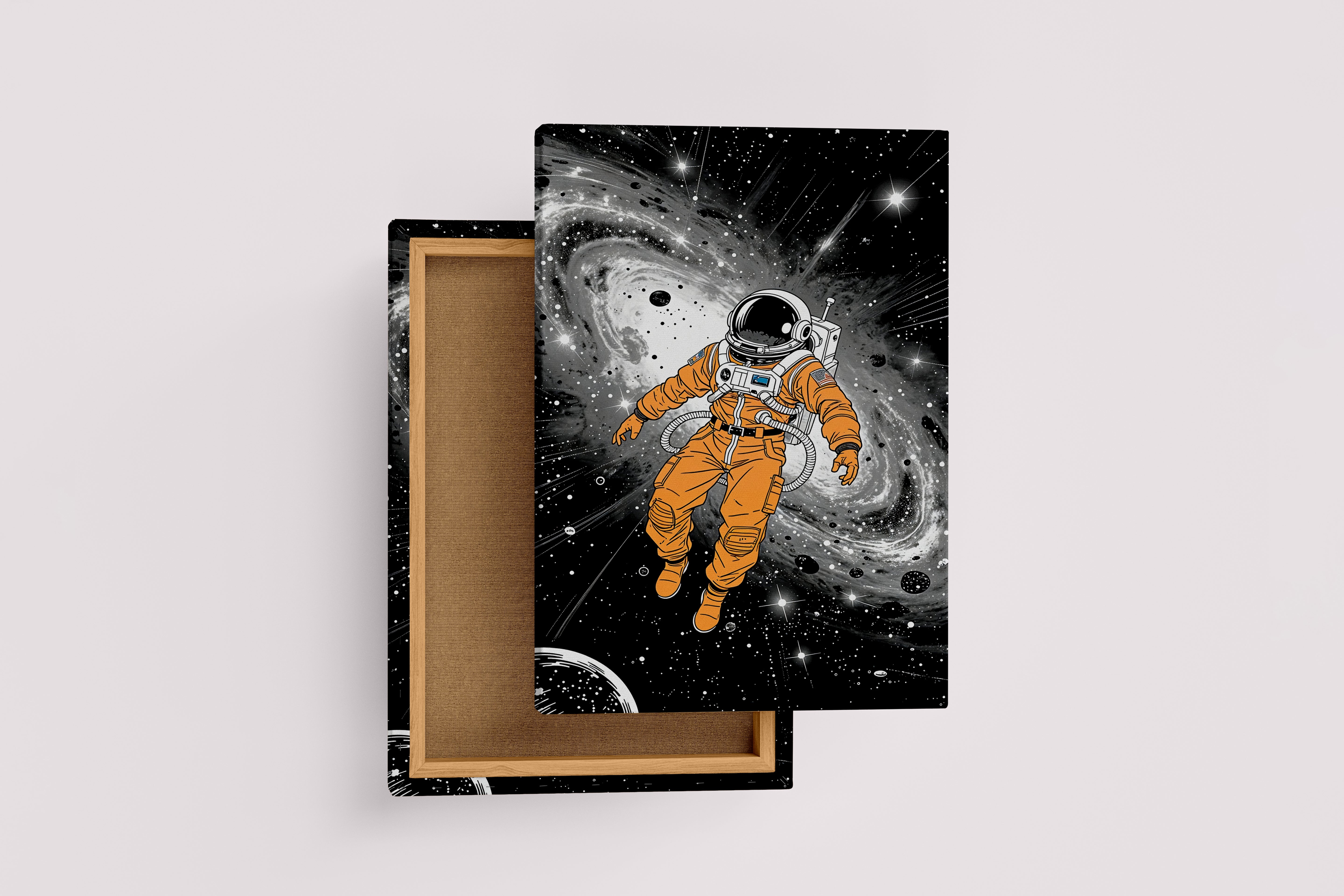 ai creation, astronaut in orange spacesuit stuck in space, ai art, art, kanvas tablo