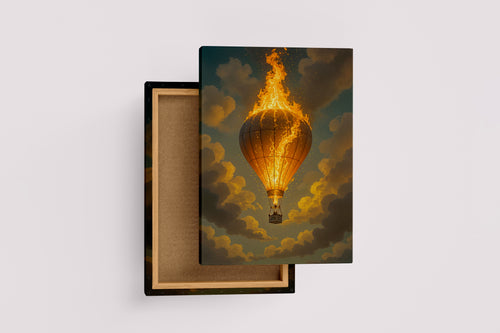 ai creation, a burning hot air balloon falling, ai art, art, kanvas tablo