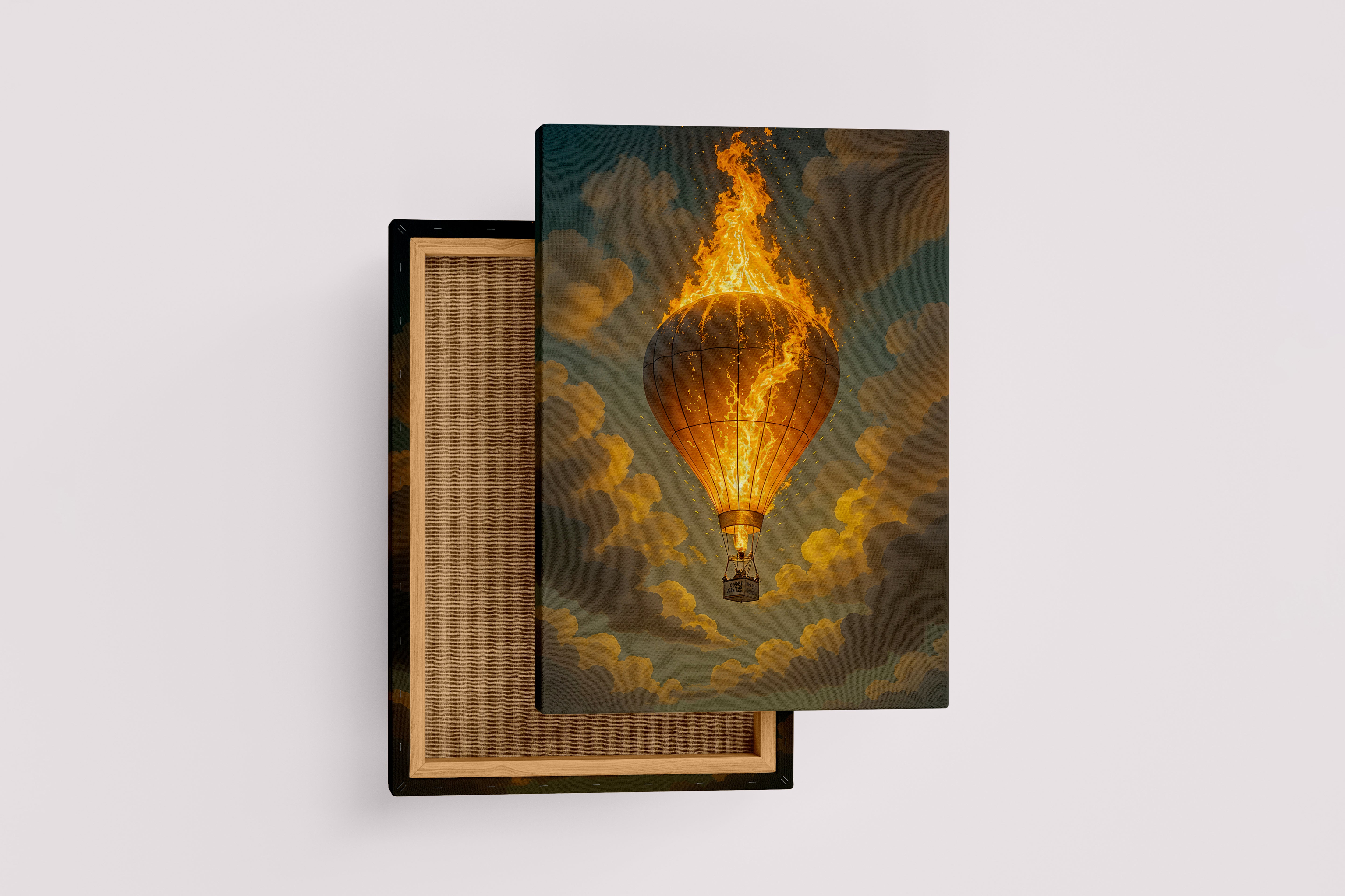 ai creation, a burning hot air balloon falling, ai art, art, kanvas tablo