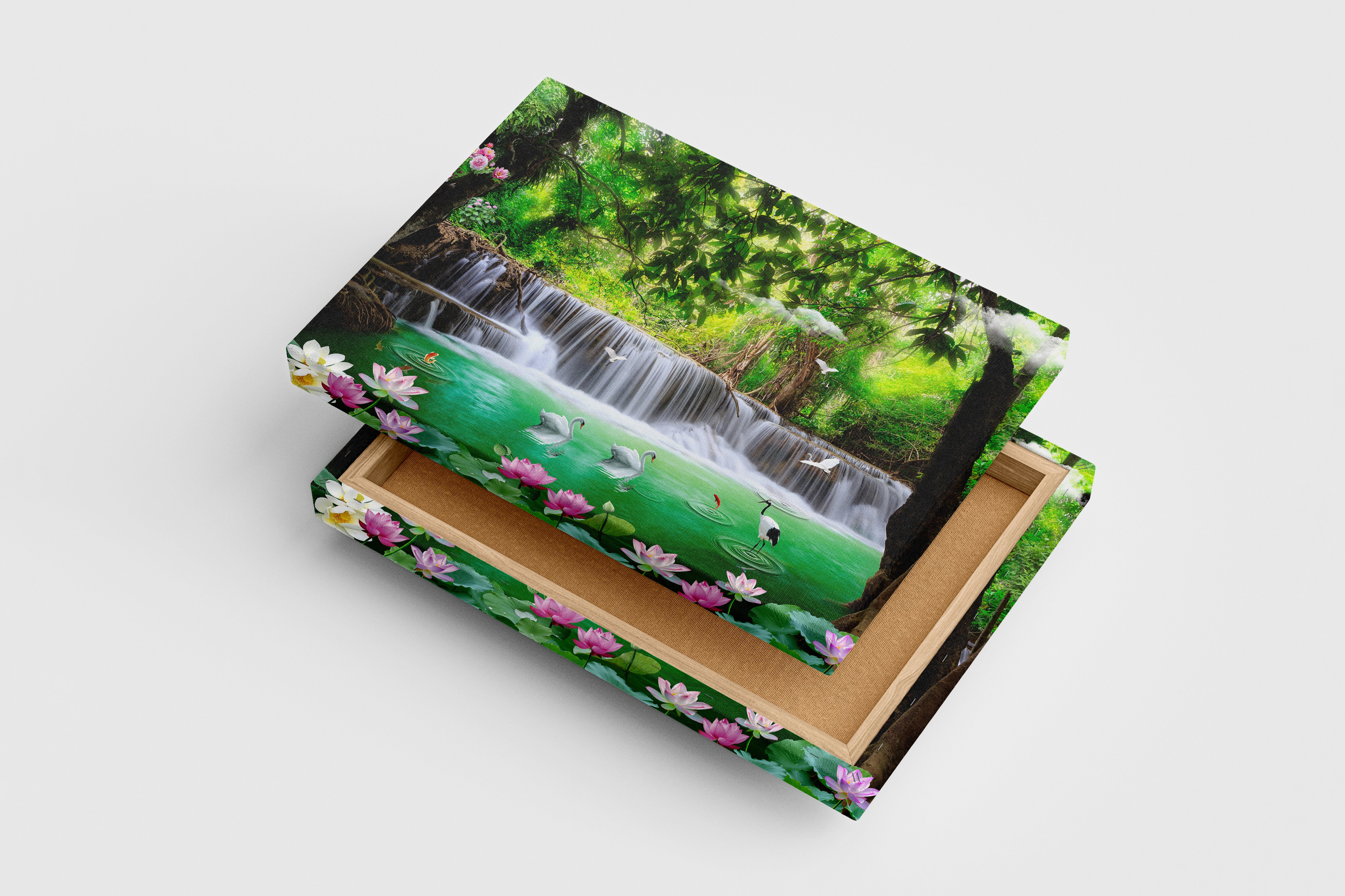 a fantasy jungle waterfall with swans, a crane, and pink lotus flowers, view, art, kanvas tablo