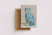 ai creation, porcelain coated cat, floral motif in soft blue tones, ai art, art, kanvas tablo