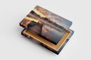 a serene, misty lake at sunrise, with a small boat tied to a pier, view, art, kanvas tablo
