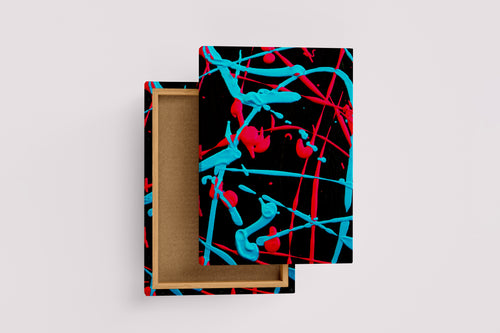 vibrant abstract splatters of bright red and cyan paint on a solid black background, abstract, art, kanvas tablo