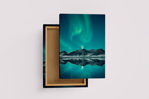 a green aurora dancing over mountains, perfectly reflected in a still lake, art, kanvas tablo