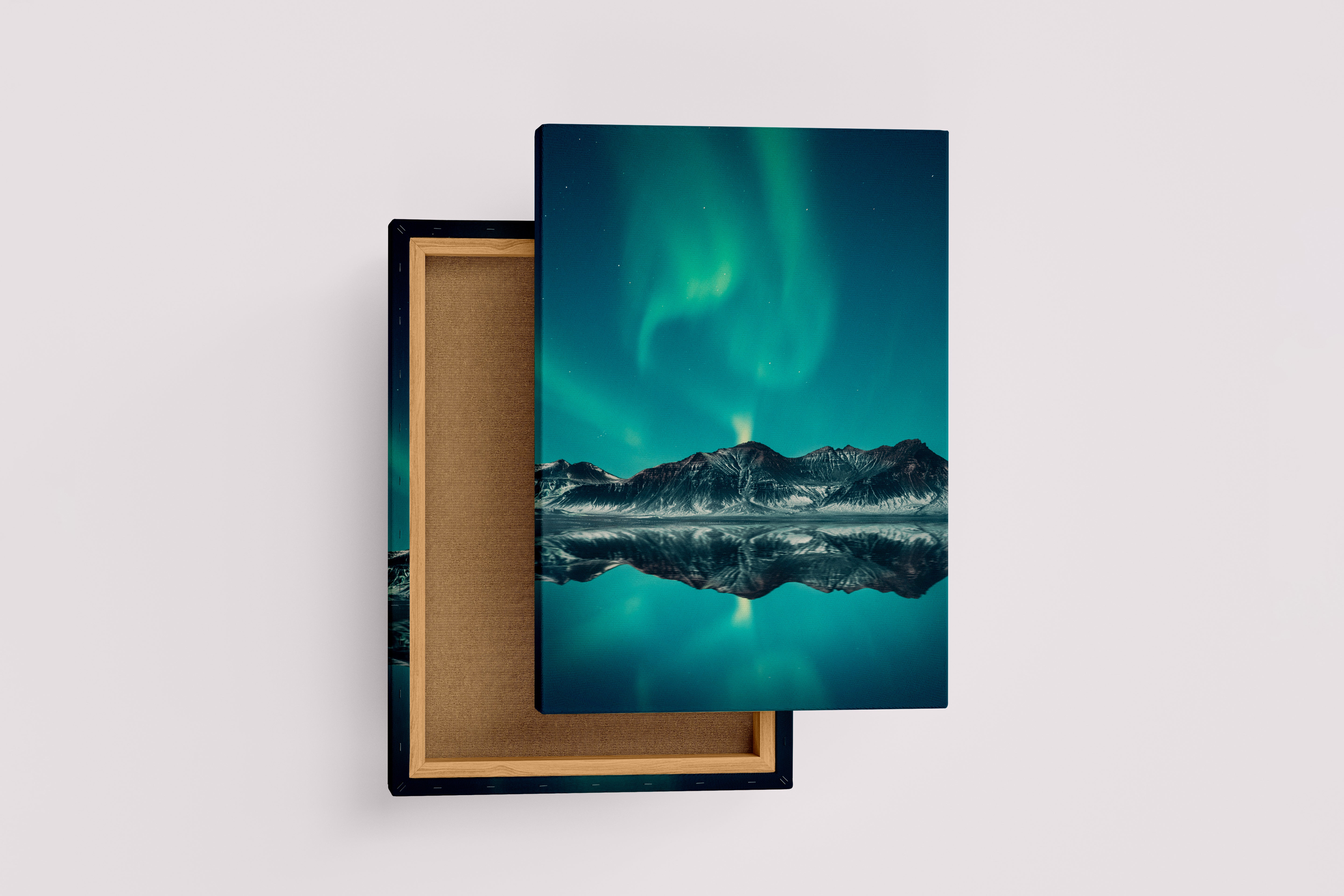 a green aurora dancing over mountains, perfectly reflected in a still lake, art, kanvas tablo