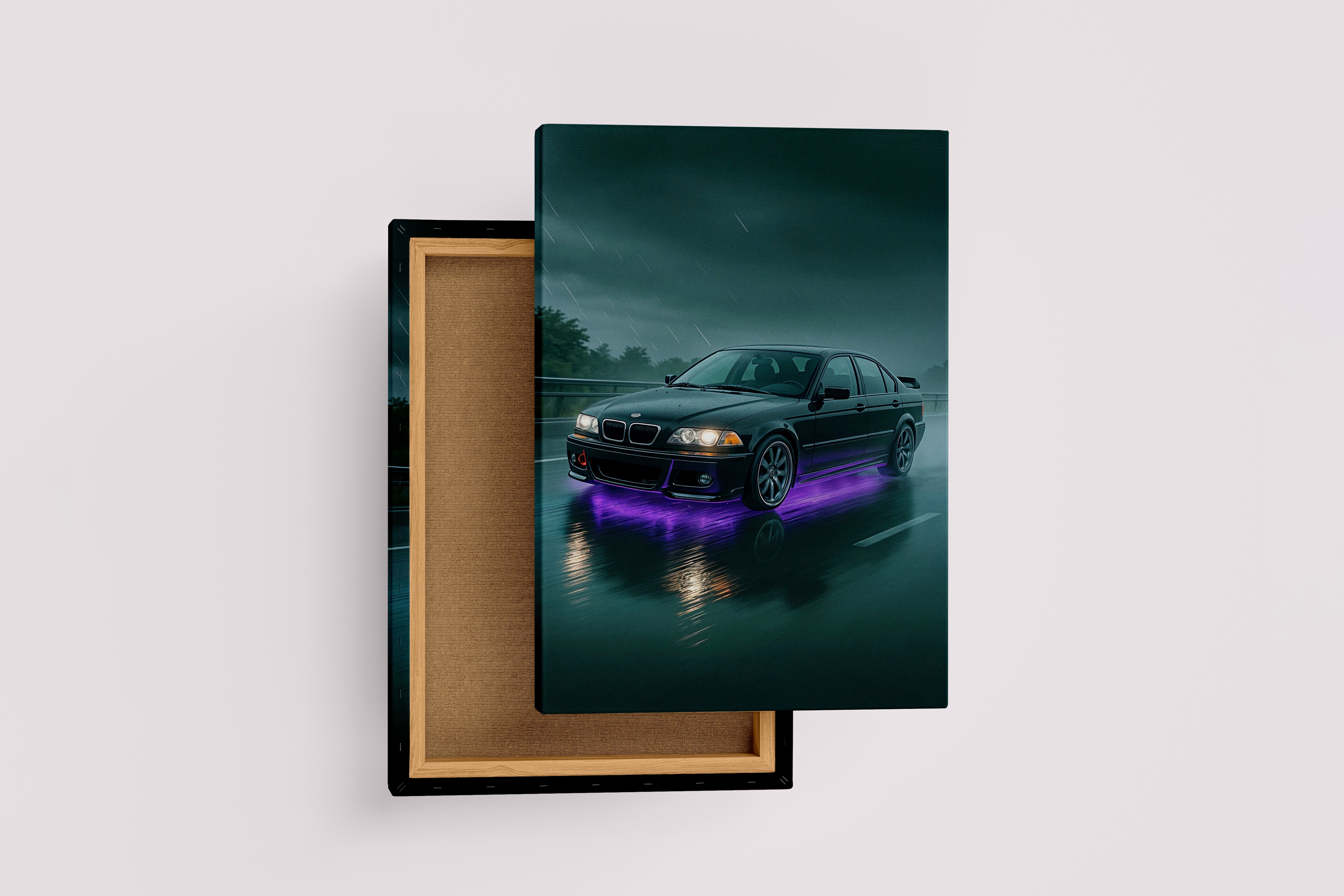 ai creation, car with purple neon lights coming out from underneath, ai art, art, kanvas tablo