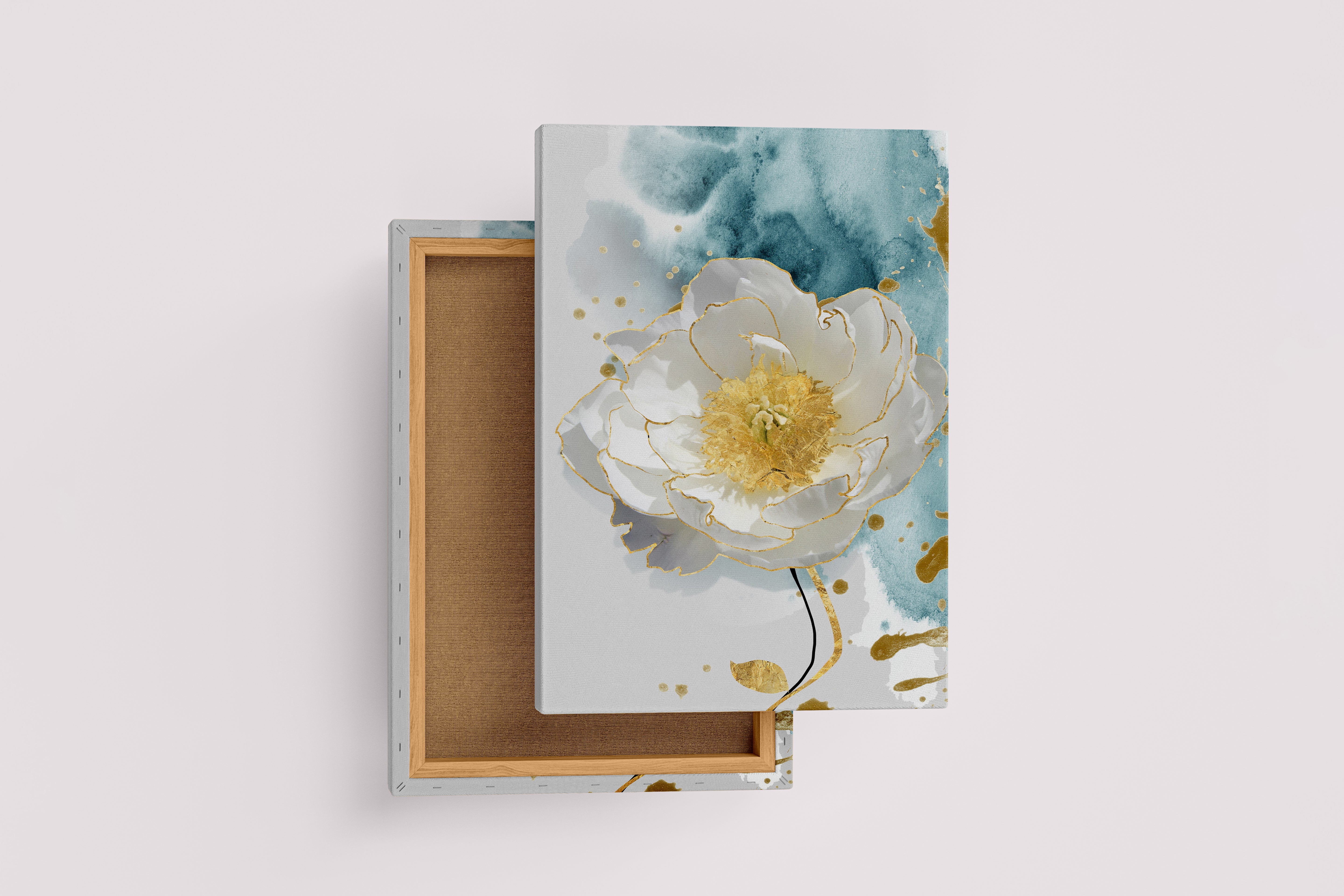 an elegant white flower with gold edges against a blue watercolor wash, art, kanvas tablo