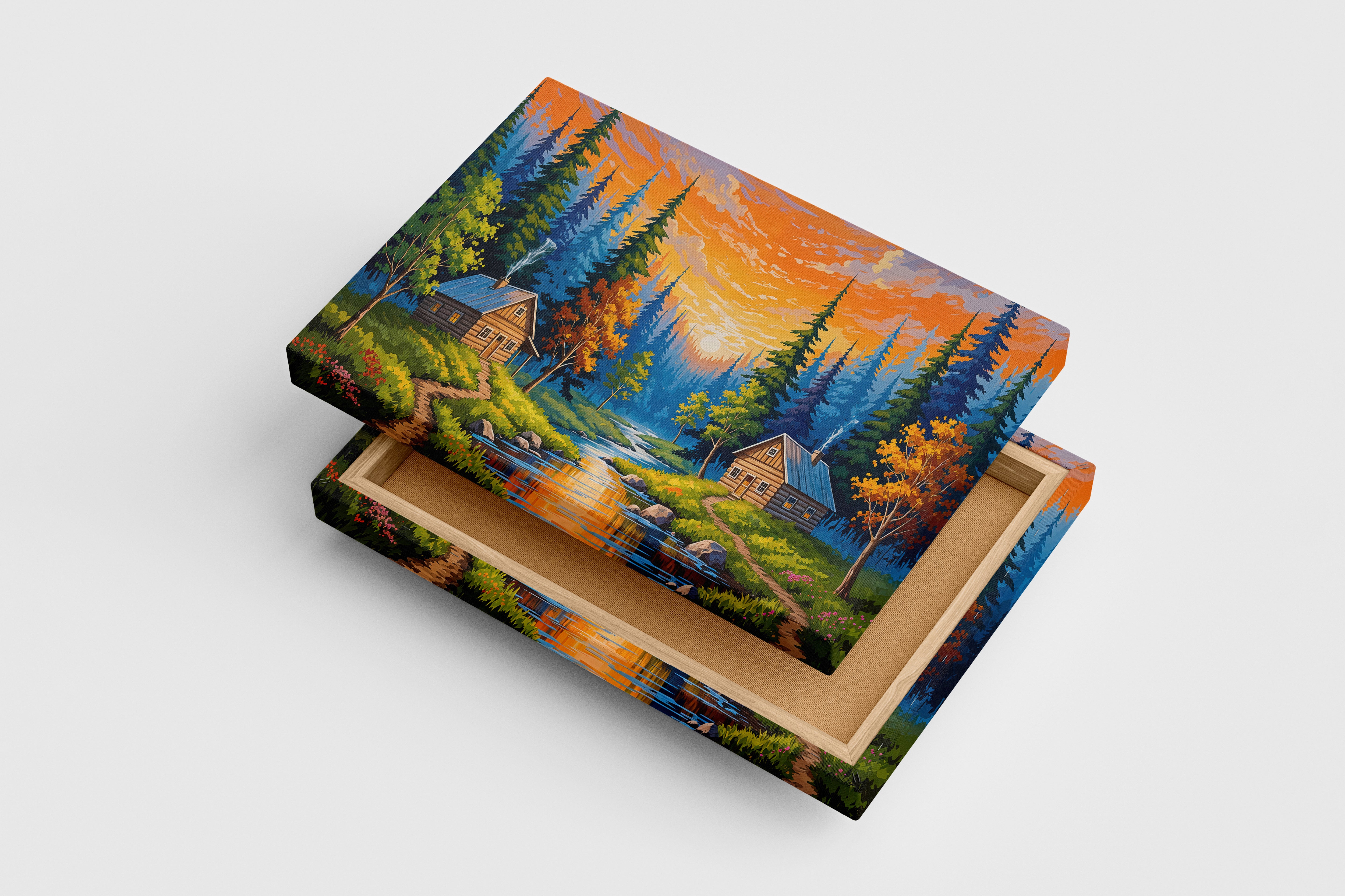 two huts forest view at sunset model 1, view, art, kanvas tablo