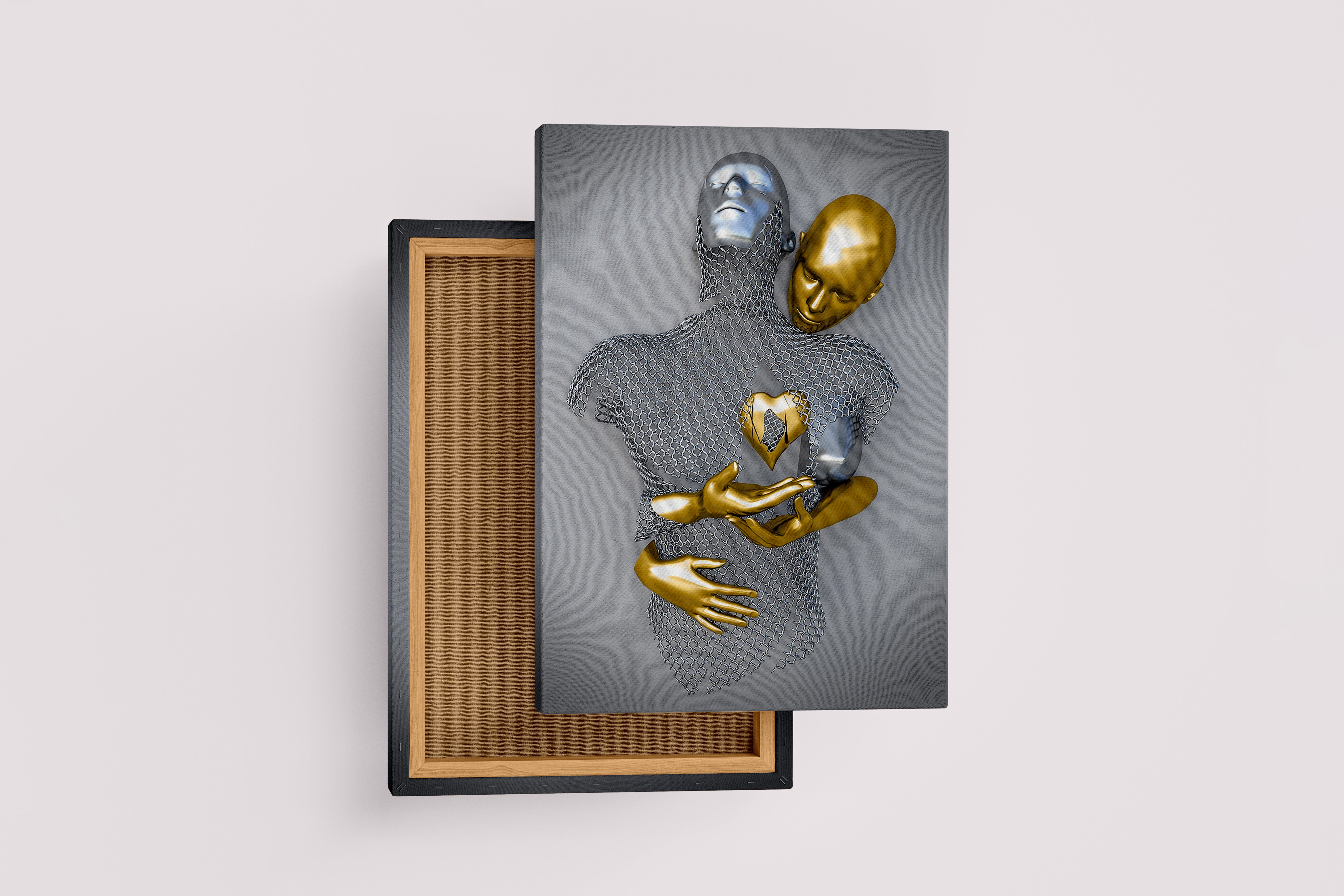 a golden figure places a heart into a silver chainmail figure they're embracing model 2, art, kanvas tablo