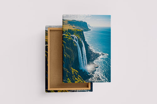 ai creation, waterfall flowing from a cliff into the sea, ai art, art, kanvas tablo