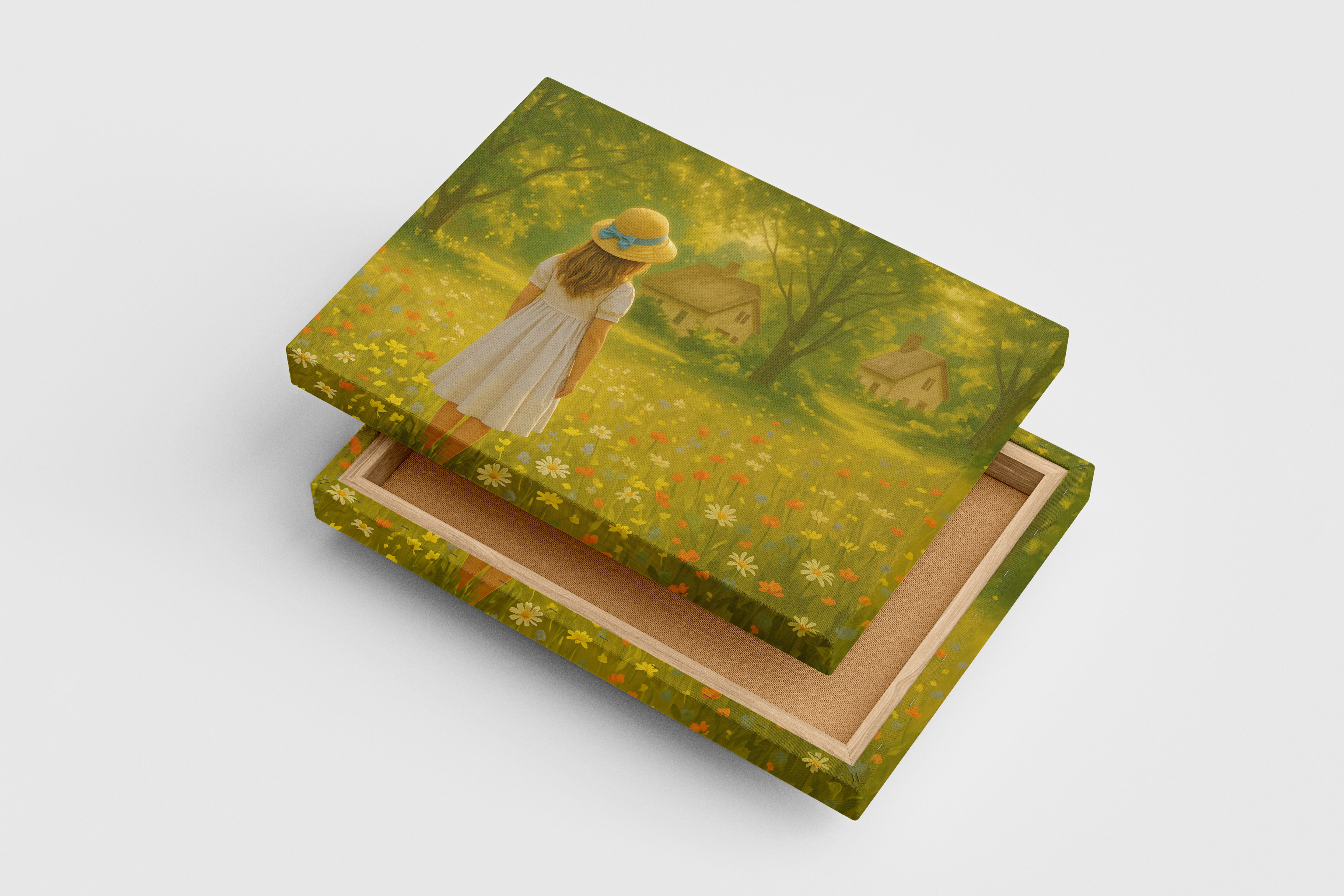 forest and small hut with flower view with little girl in a hat, view, art, kanvas tablo