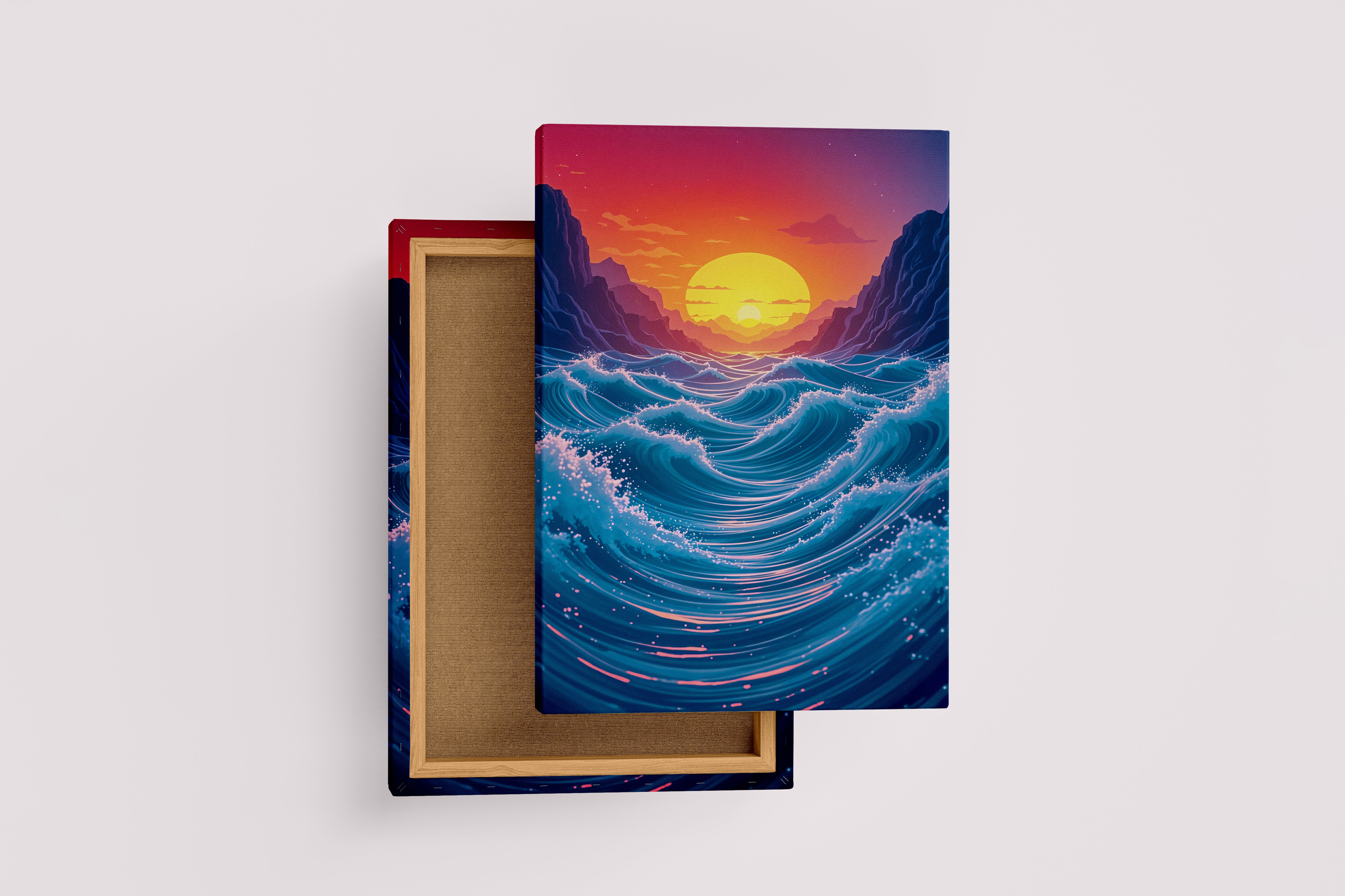 ai creation, as the sun sets among giant waves, ai art, art, kanvas tablo