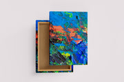 an extreme close-up of a heavily textured painting with vibrant blue and orange colors, abstract, art, kanvas tablo