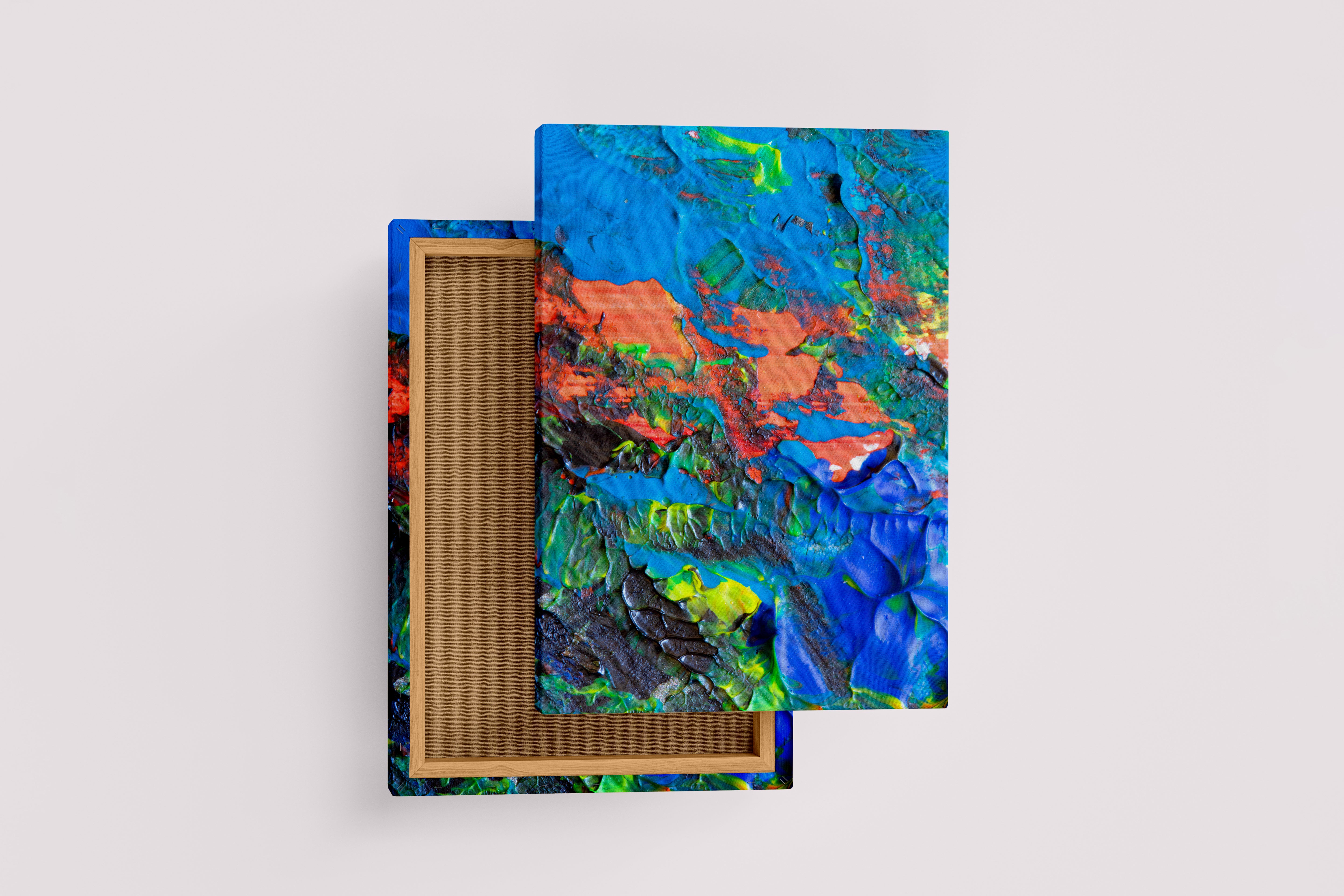 an extreme close-up of a heavily textured painting with vibrant blue and orange colors, abstract, art, kanvas tablo