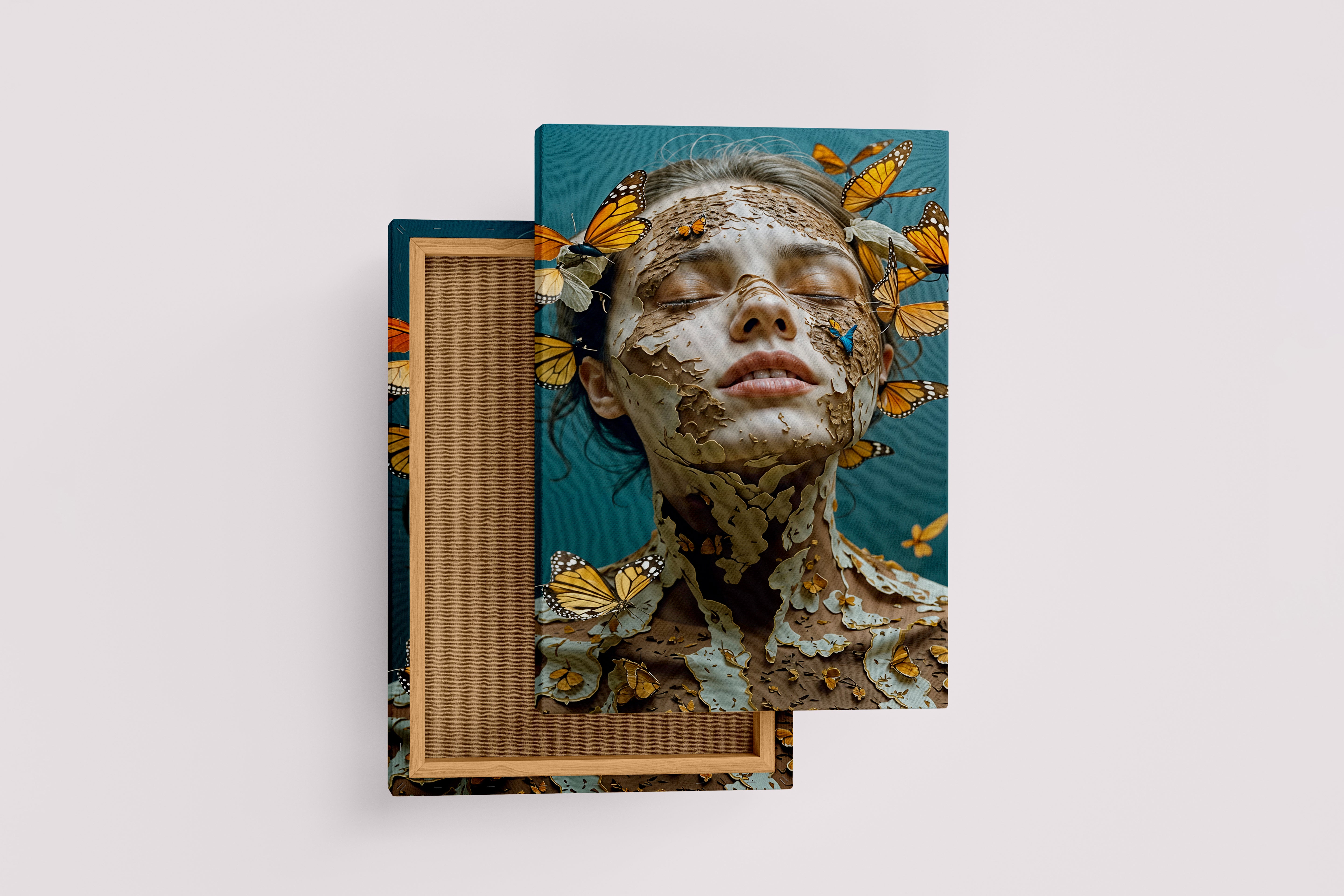 ai creation, a surreal portrait of a woman, her cracking skin releasing monarch butterflies, ai art, art, kanvas tablo