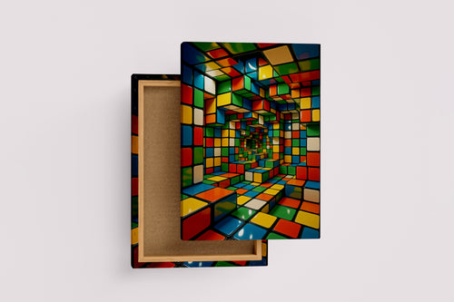 Renkli Küplerden Zeka Küpü Labirenti 3D Geometrik Desenli Soyut Kanvas Tablo