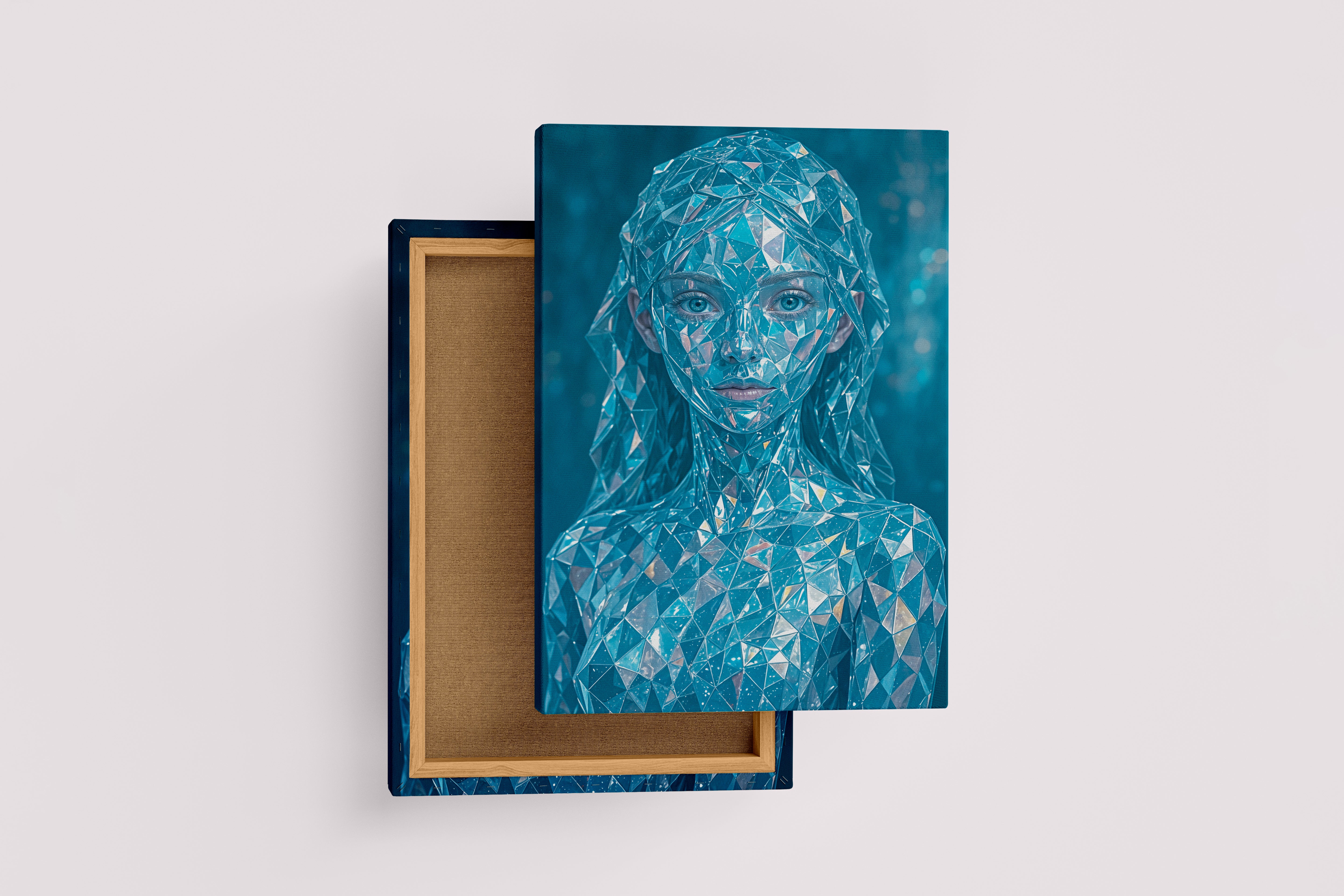 ai creation, crystal woman portrait, blue shards, geometric, reflective, ethereal glow, ai art, art, kanvas tablo