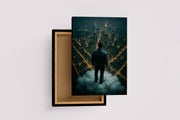ai creation, man looking down on the city from above the cloud, ai art, art, kanvas tablo