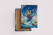 ai creation, a giant glowing golden hand rising from a turbulent sea of ships, ai art, art, kanvas tablo