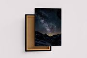 a stunning photograph of the milky way galaxy over a dark, snowy mountain range, abstract, art, kanvas tablo