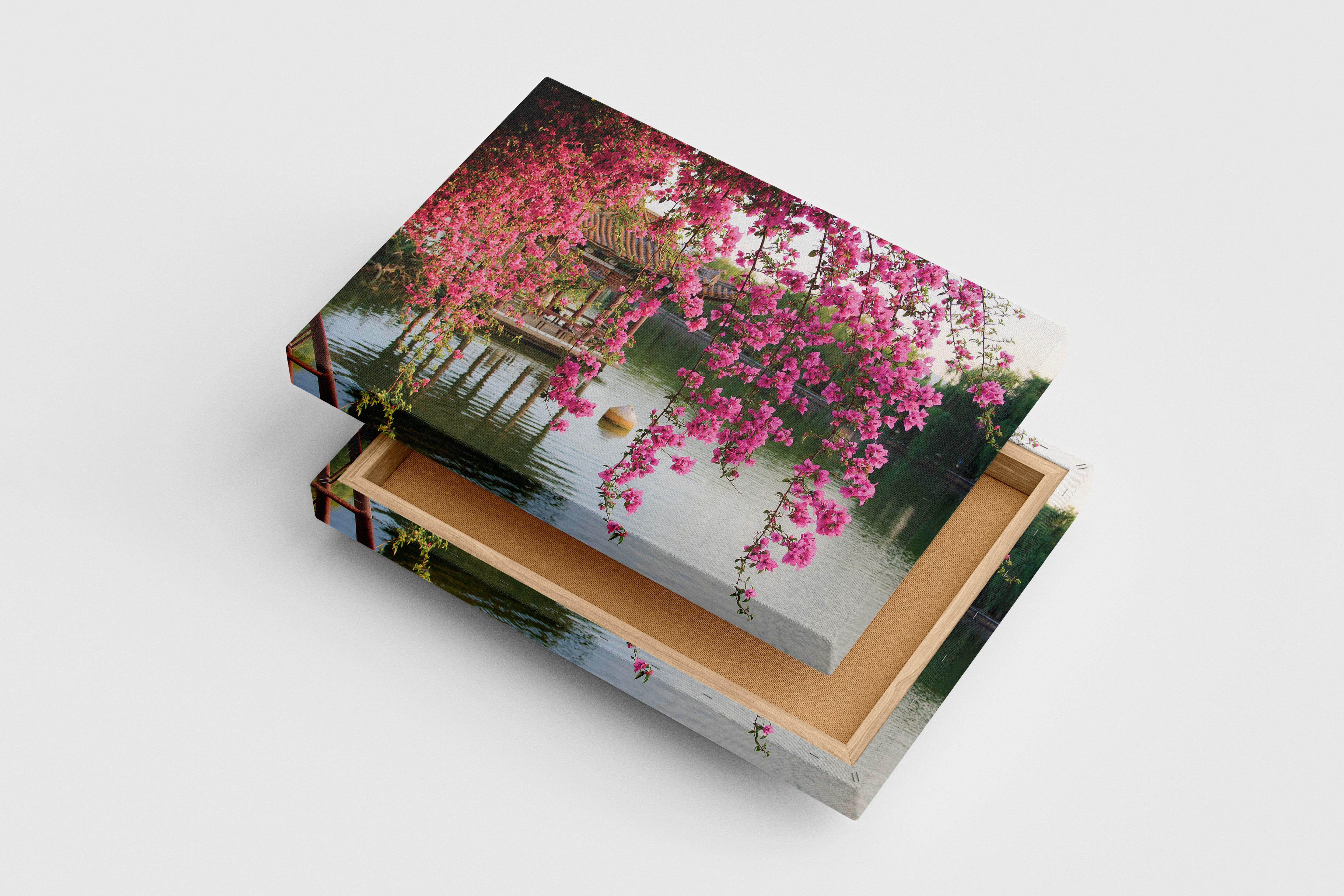a peaceful lakeside pagoda seen through a curtain of hanging pink flowers, view, art, kanvas tablo
