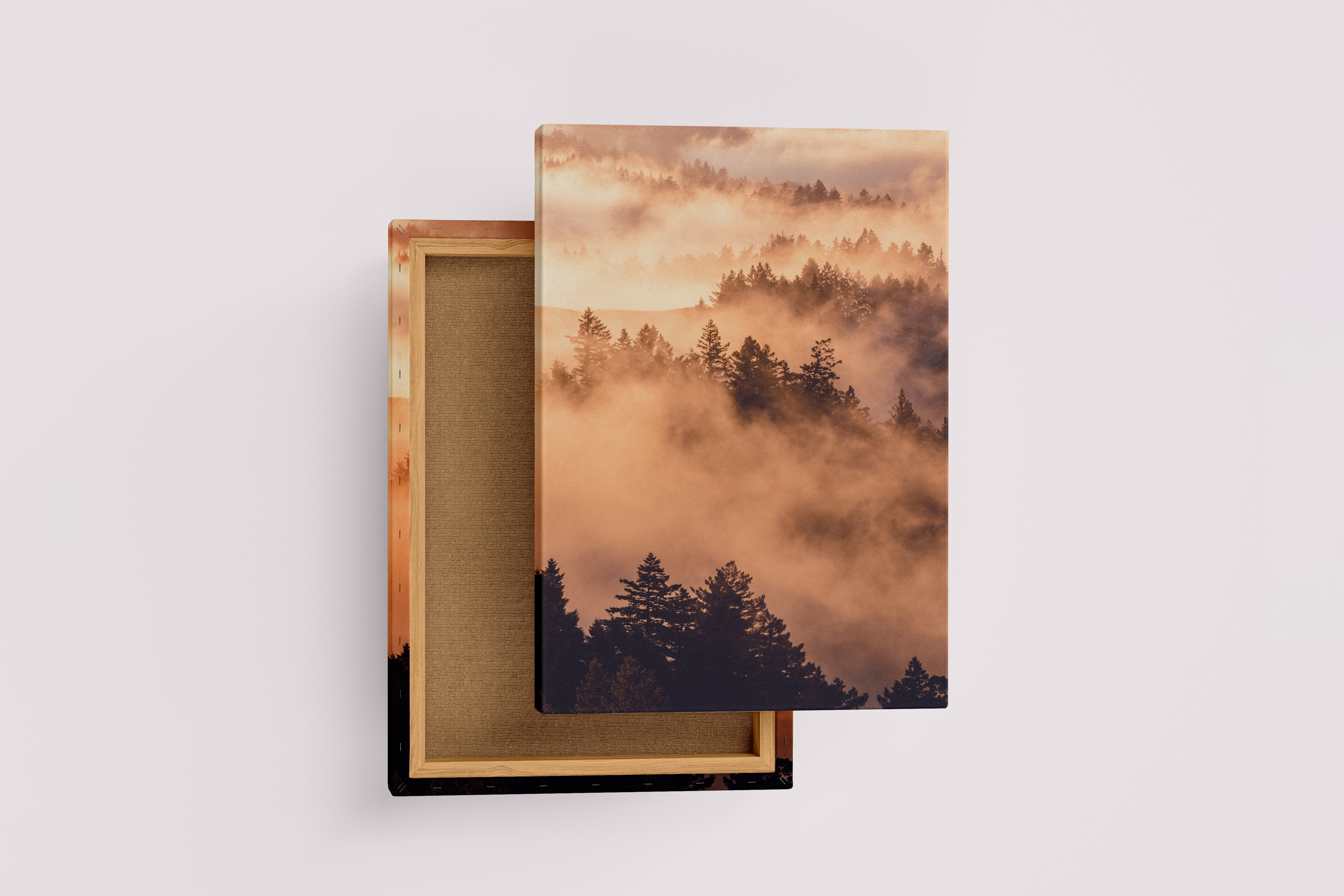 a beautiful landscape of foggy mountains with layers of trees at golden hour sunrise, abstract, art, kanvas tablo