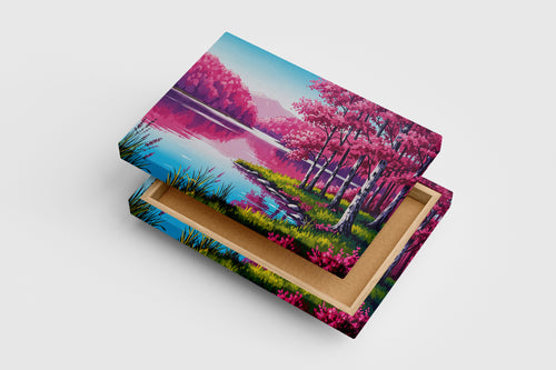 pink themed forest and river, view, art, kanvas tablo