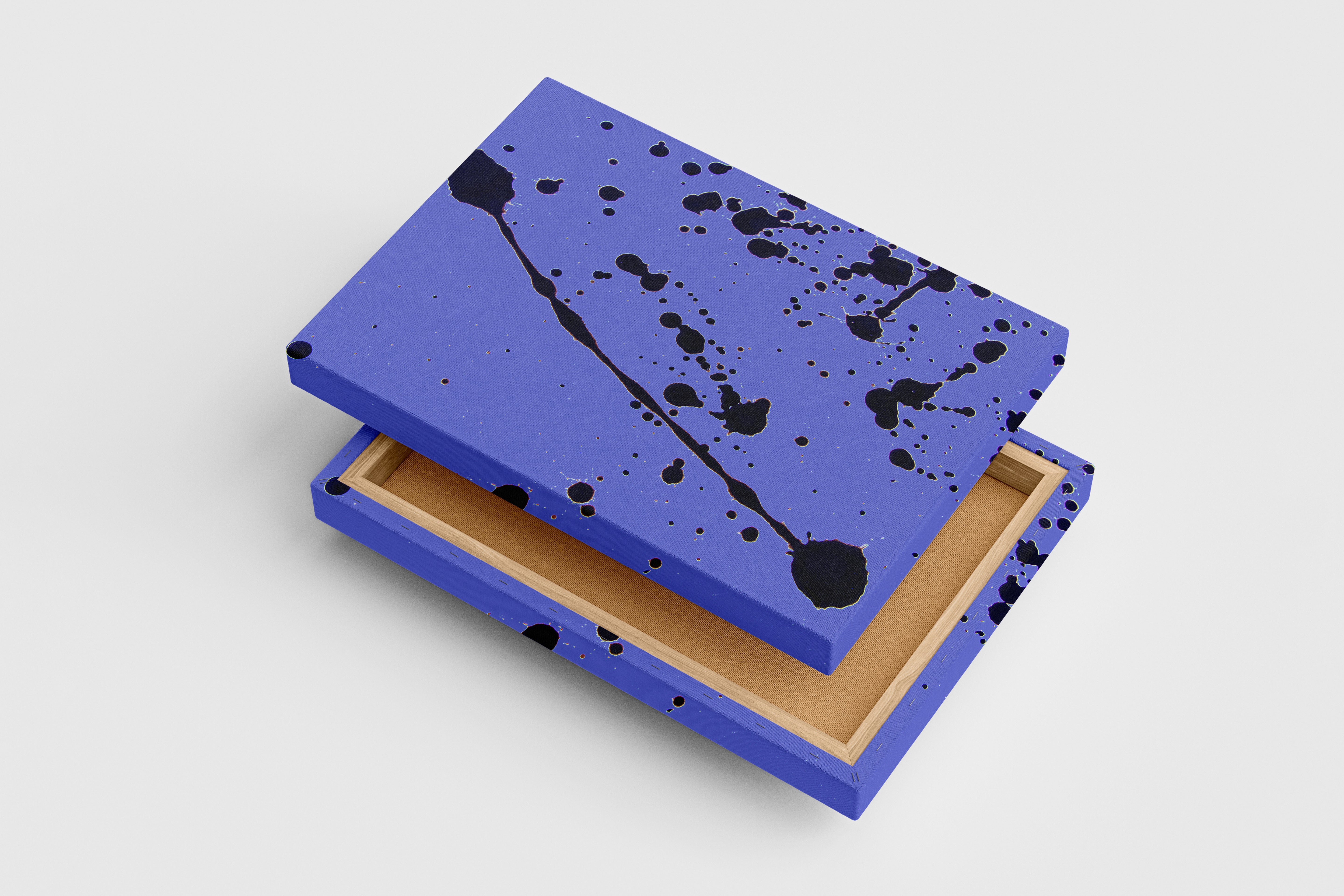 a minimalist abstract artwork with dynamic black paint splatters on a lavender background, abstract, art, kanvas tablo