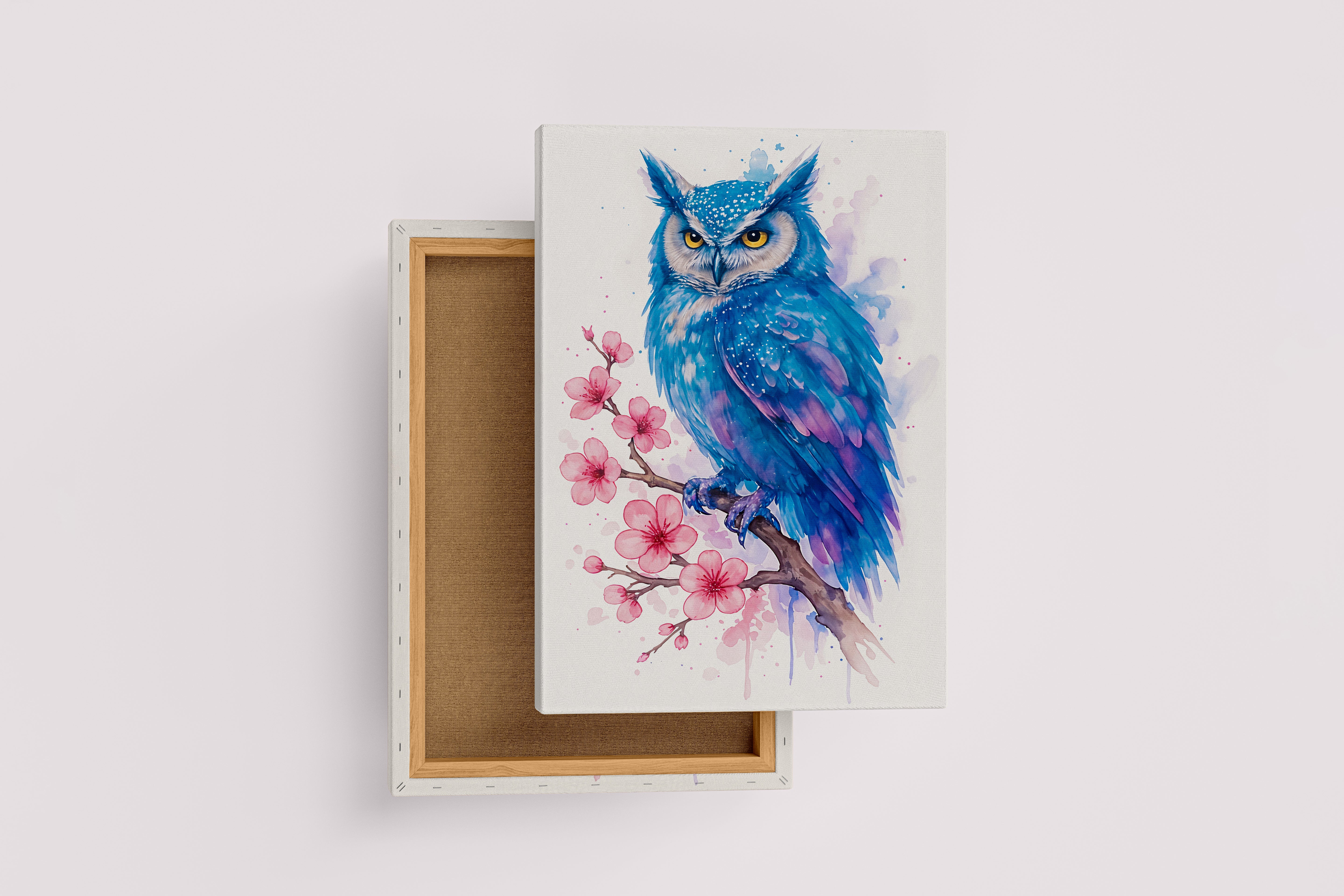 ai creation, blue toned owl standing on a branch, ai art, art, kanvas tablo