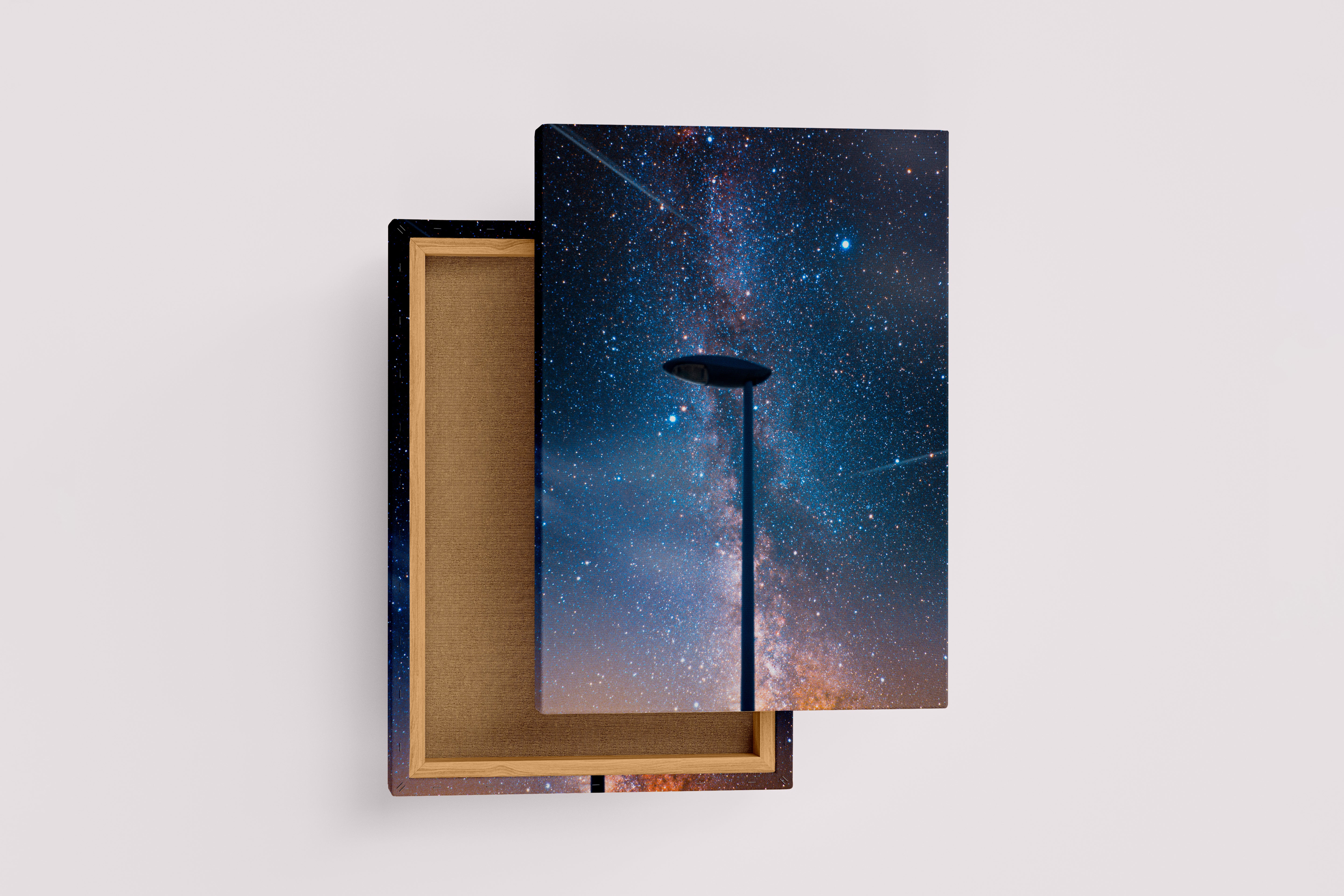 a street lamp silhouetted against a breathtaking starry night sky full of the milky way, abstract, art, kanvas tablo