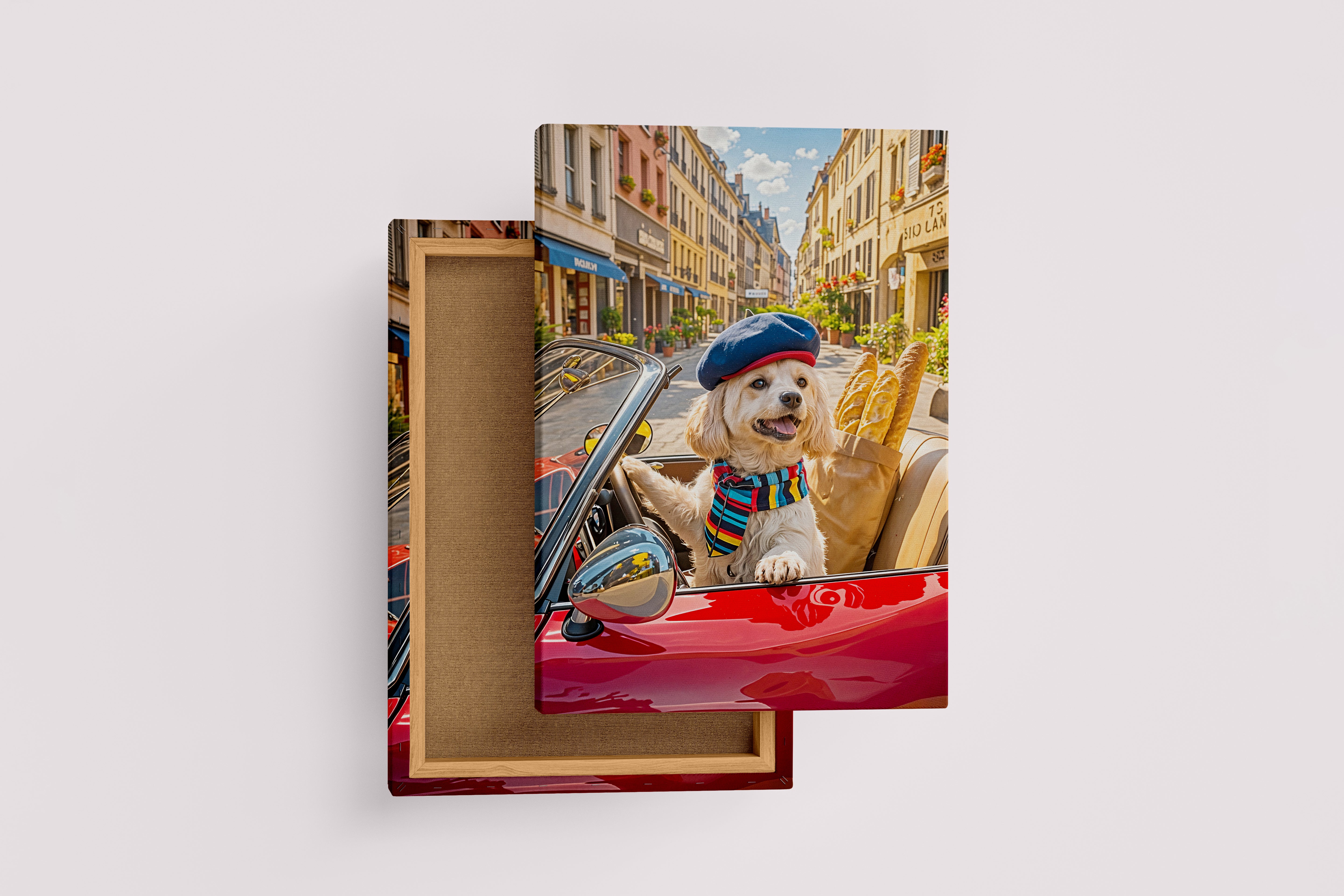 ai creation, modern dog driving a car with his cool hat, ai art, art, kanvas tablo