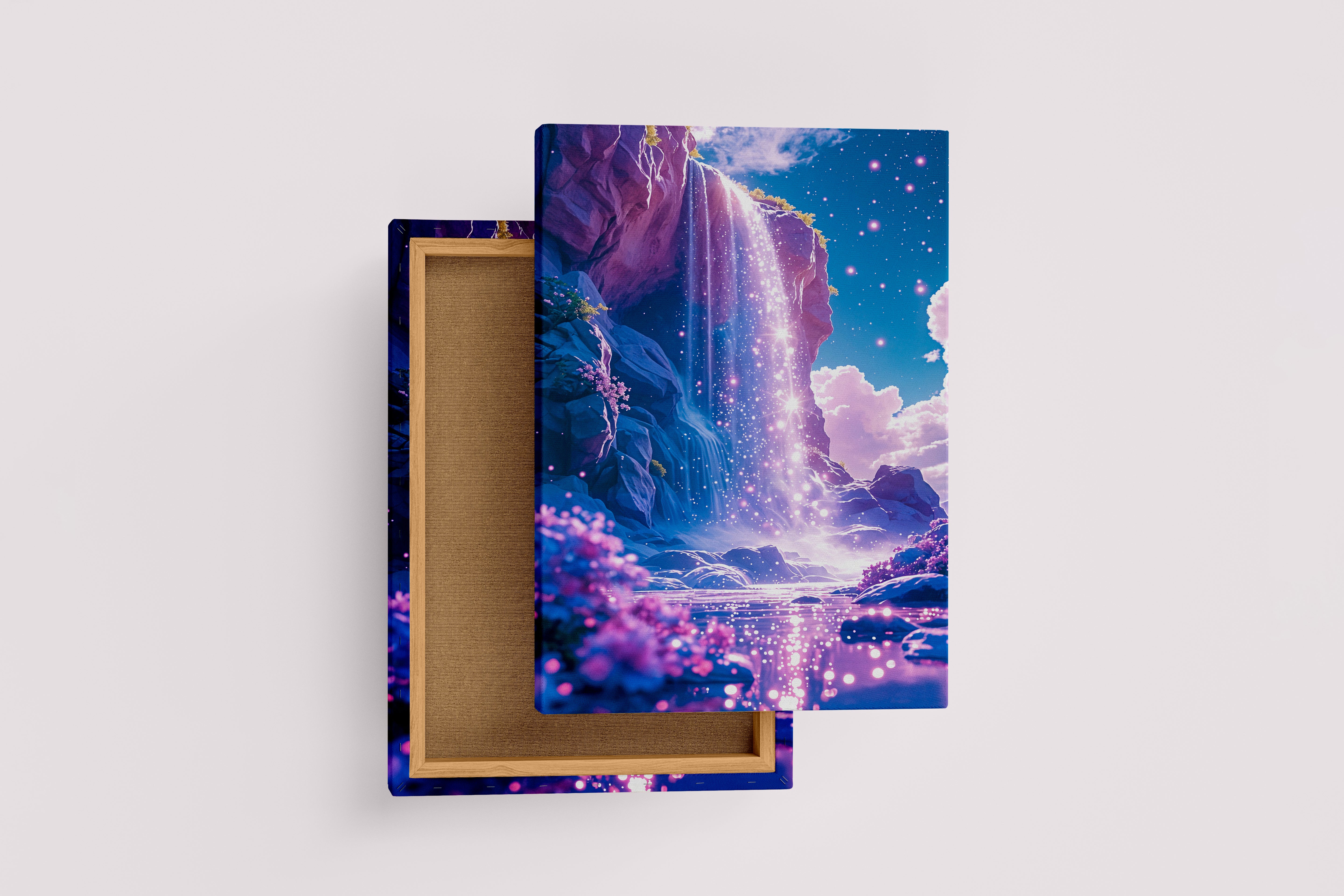 ai creation, purple waterfall with stars flowing, purple and its shades themed, ai art, art, kanvas tablo