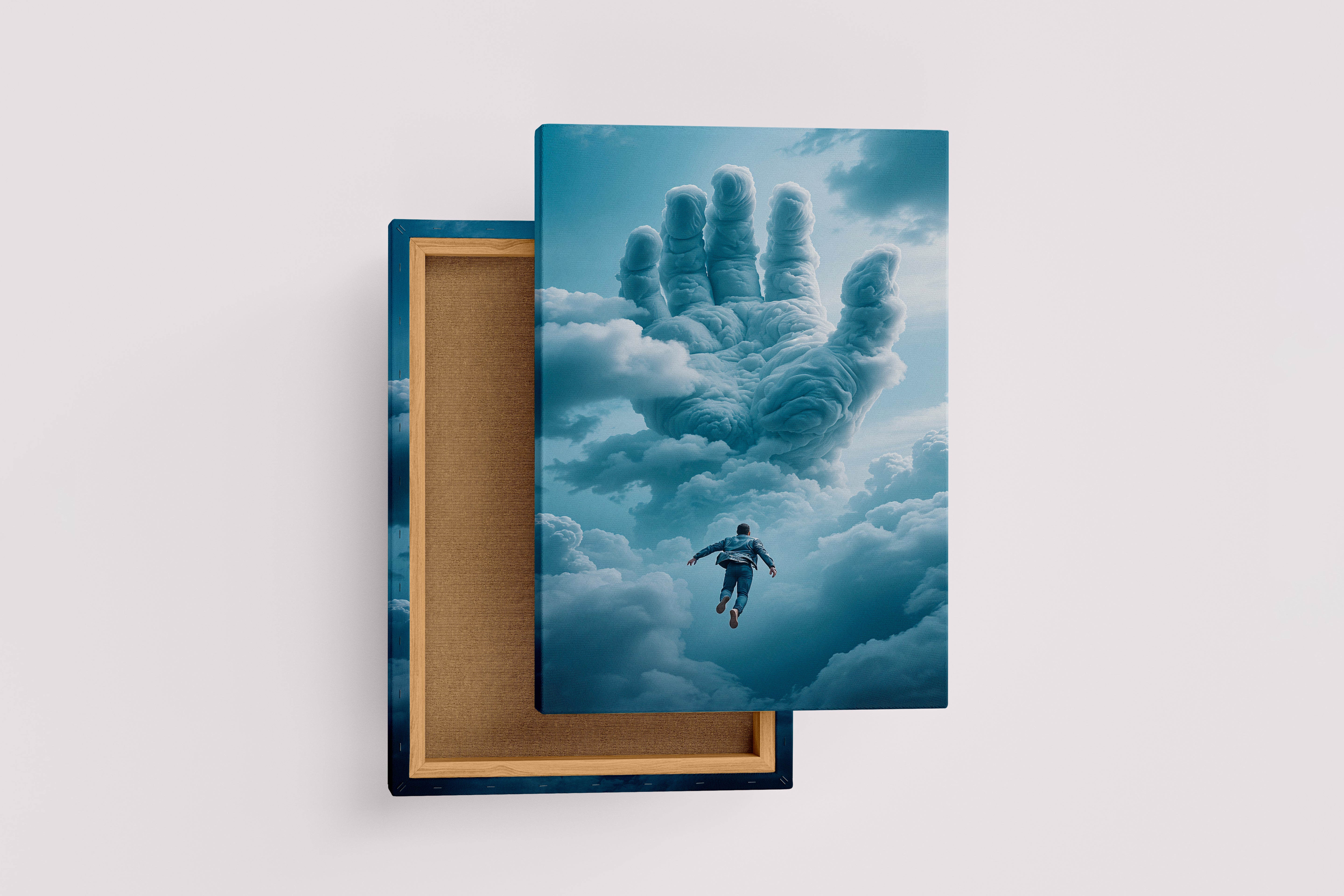 ai creation, a giant hand of clouds reaching for a man falling through the sky, ai art, art, kanvas tablo