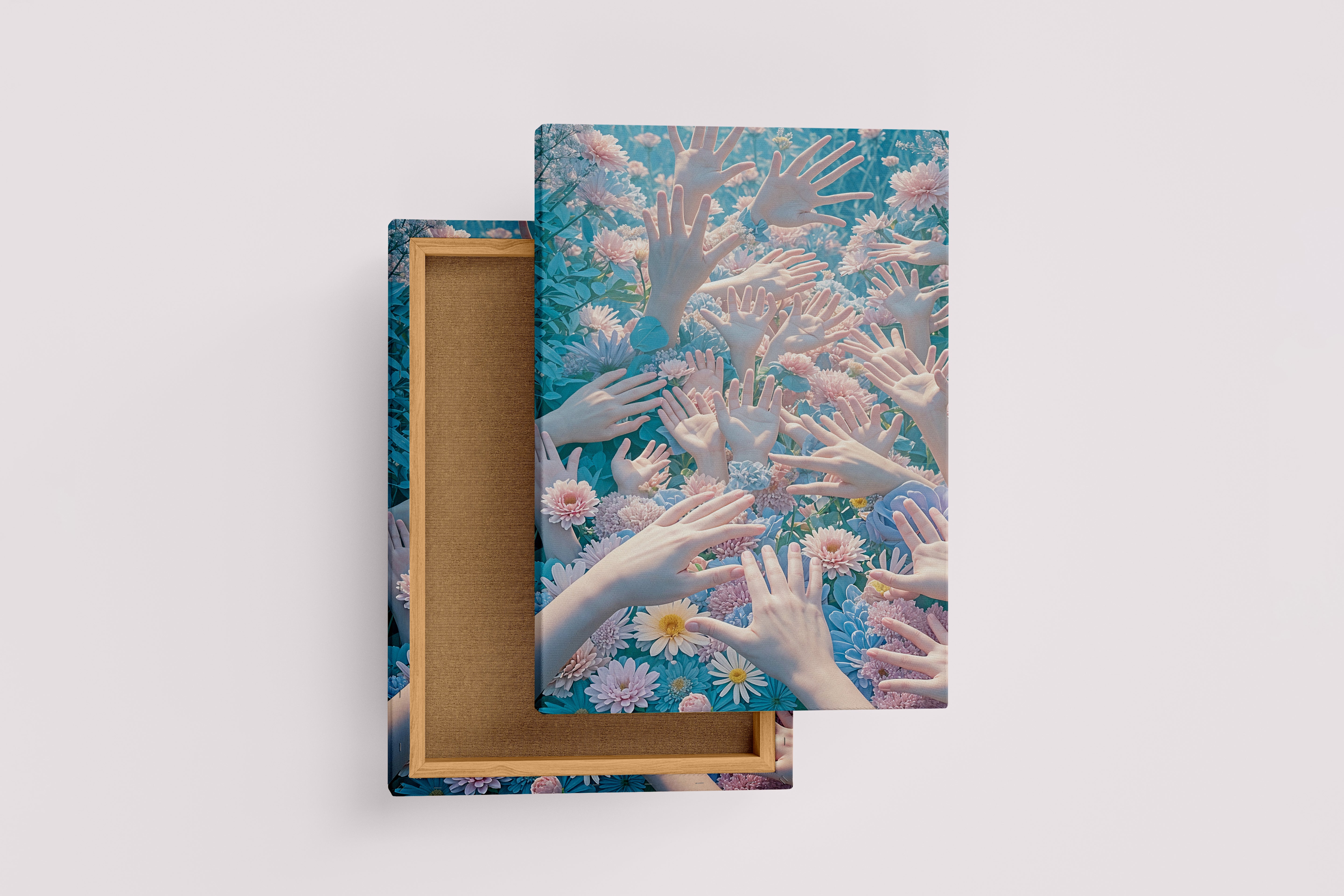ai creation, hands jumping out of a field of flowers, ai art, art, kanvas tablo