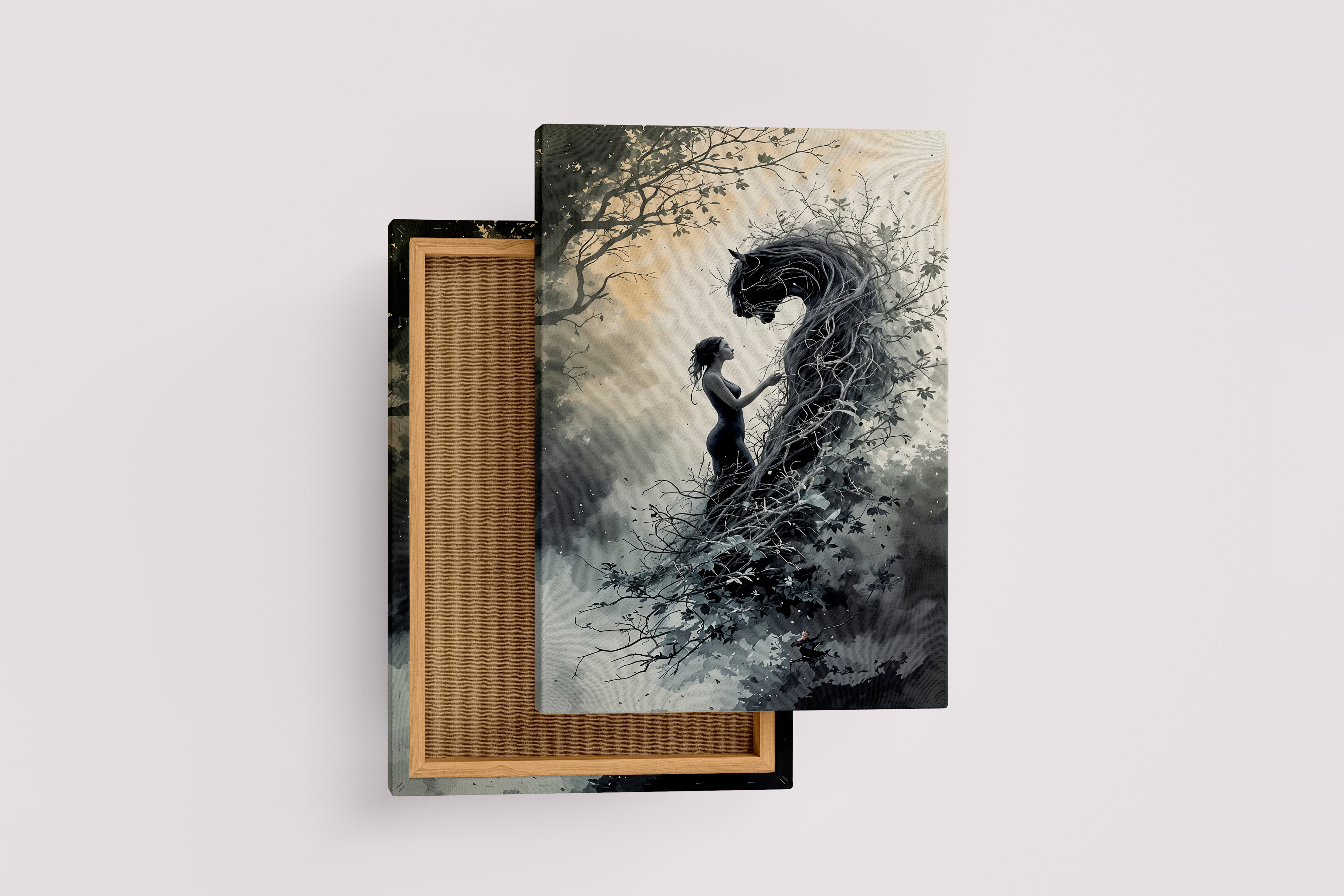 ai creation, black jaguar roaring through the darkness with woman in black, ai art, art, kanvas tablo