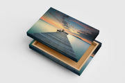 a serene long exposure of a wooden pier over a glassy sea at sunset, view, art, kanvas tablo