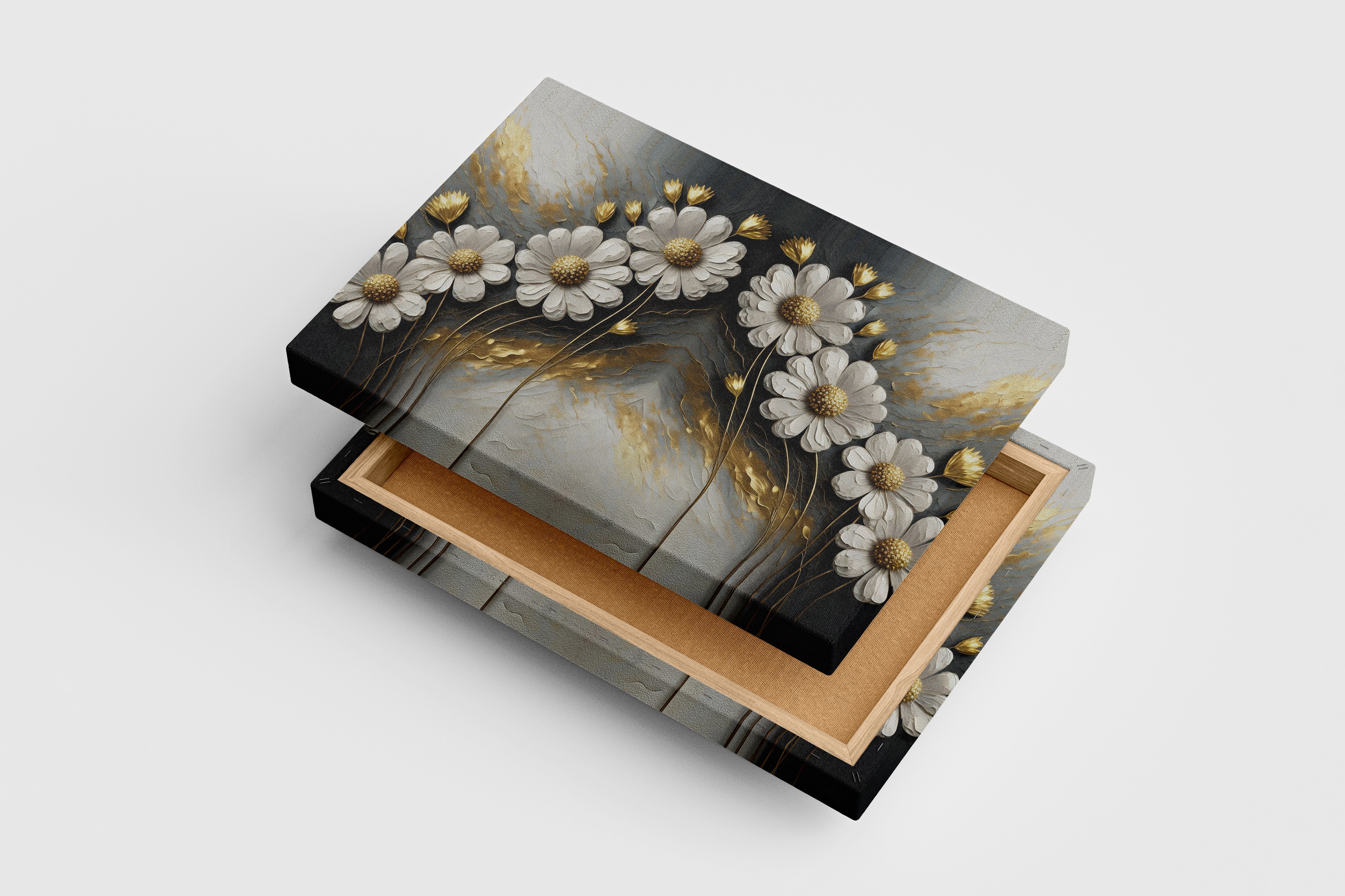 an elegant and symmetrical design of white and gold flowers on a texture, flower motif, art, kanvas tablo